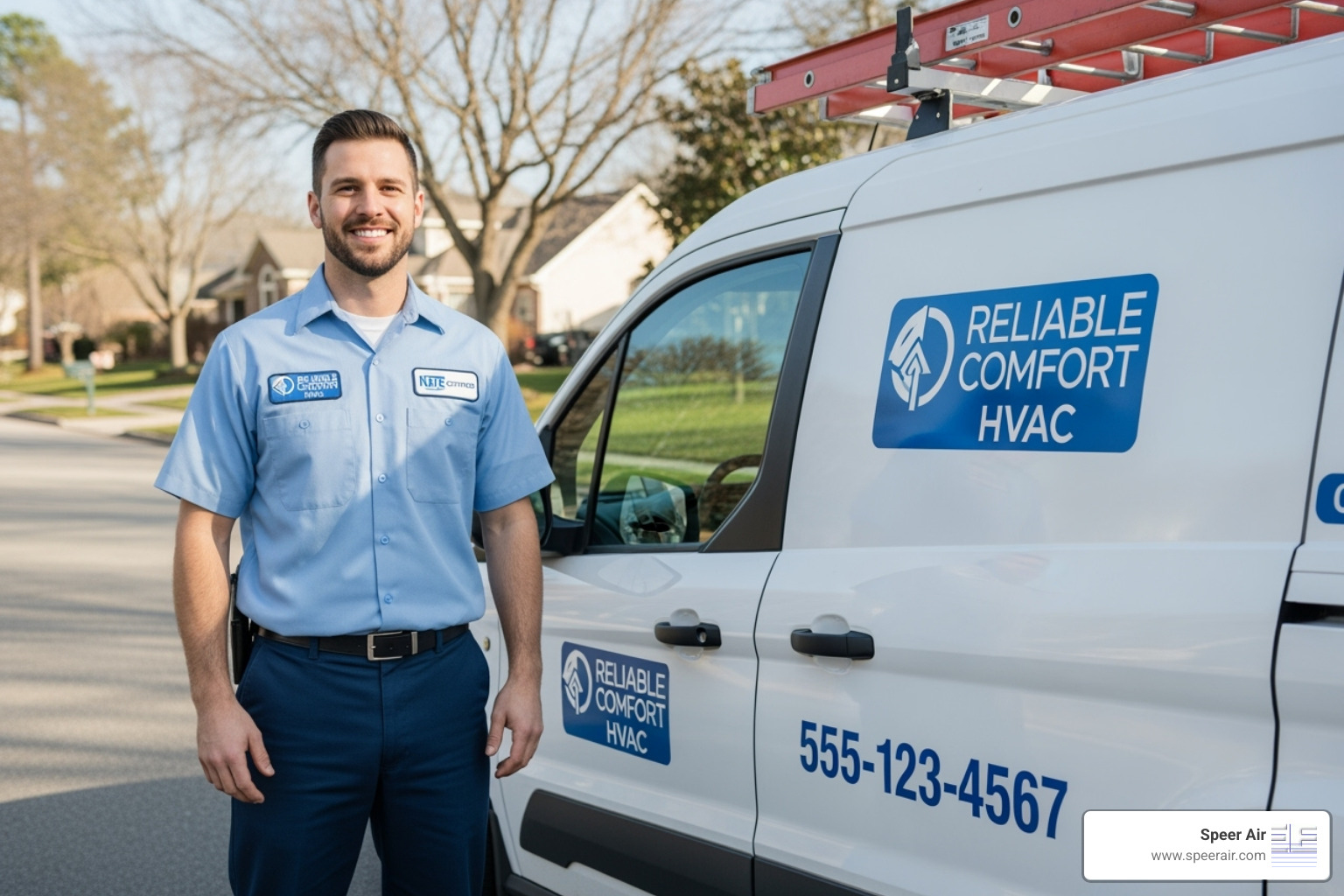 A friendly, NATE-certified Speer Air technician, wearing a clean uniform and smiling next to a company van, ready to provide expert HVAC service in Denville. - hvac maintenance program denville A friendly, NATE-certified Speer Air technician, wearing a clean uniform and smiling next to a company van, ready to provide expert HVAC service in Denville. - hvac maintenance program denville