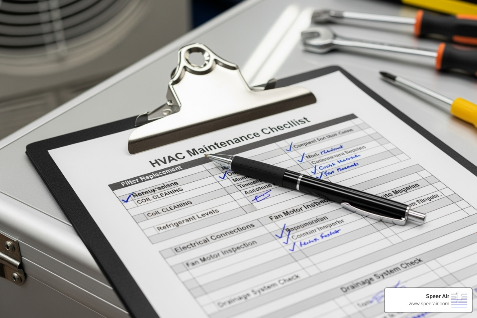 A technician's clipboard with a detailed checklist for HVAC maintenance, ensuring every component is inspected and serviced. - hvac maintenance program denville A technician's clipboard with a detailed checklist for HVAC maintenance, ensuring every component is inspected and serviced. - hvac maintenance program denville