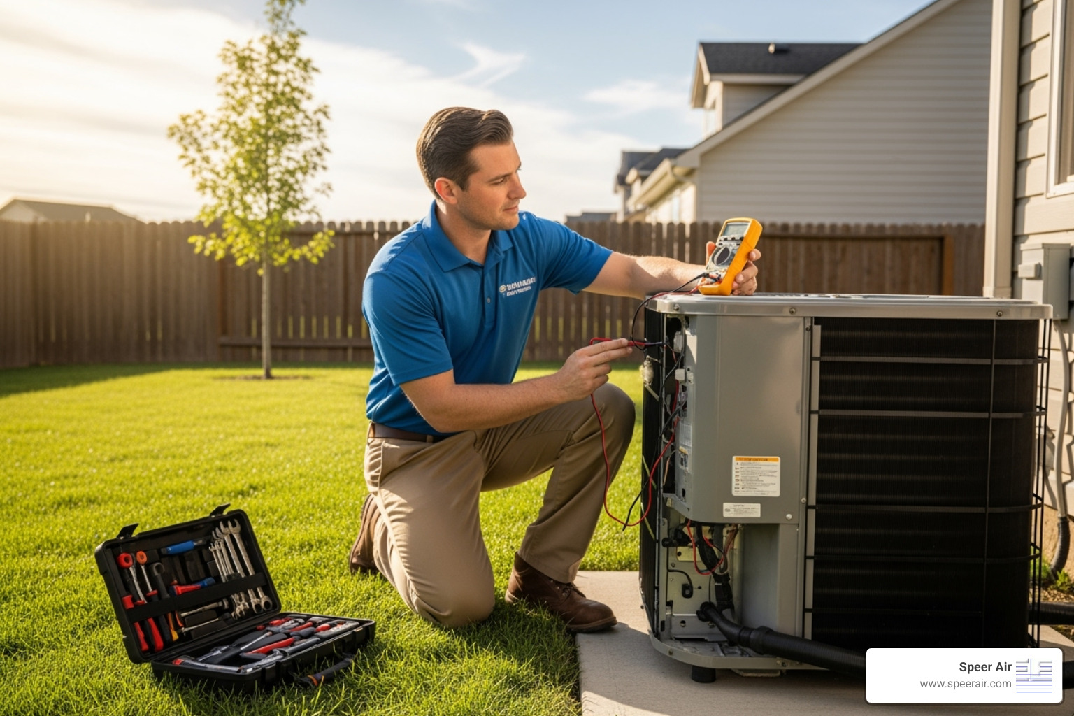 A friendly, NATE-certified technician performing a clean and check on an outdoor AC unit, ensuring it's ready for the Denville summer. - hvac maintenance program denville A friendly, NATE-certified technician performing a clean and check on an outdoor AC unit, ensuring it's ready for the Denville summer. - hvac maintenance program denville