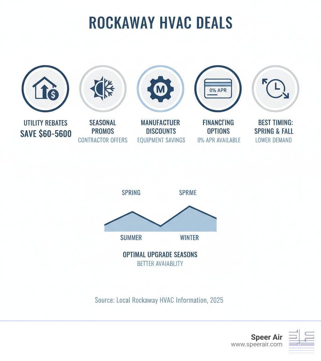 Comprehensive infographic showing HVAC deal types in Rockaway including utility rebates ranging from $60-600, seasonal contractor promotions, manufacturer discounts, financing options with 0% APR offers, and timing recommendations showing spring and fall as optimal seasons for HVAC upgrades with lower demand and better contractor availability - hvac deals rockaway infographic Comprehensive infographic showing HVAC deal types in Rockaway including utility rebates ranging from $60-600, seasonal contractor promotions, manufacturer discounts, financing options with 0% APR offers, and timing recommendations showing spring and fall as optimal seasons for HVAC upgrades with lower demand and better contractor availability - hvac deals rockaway infographic