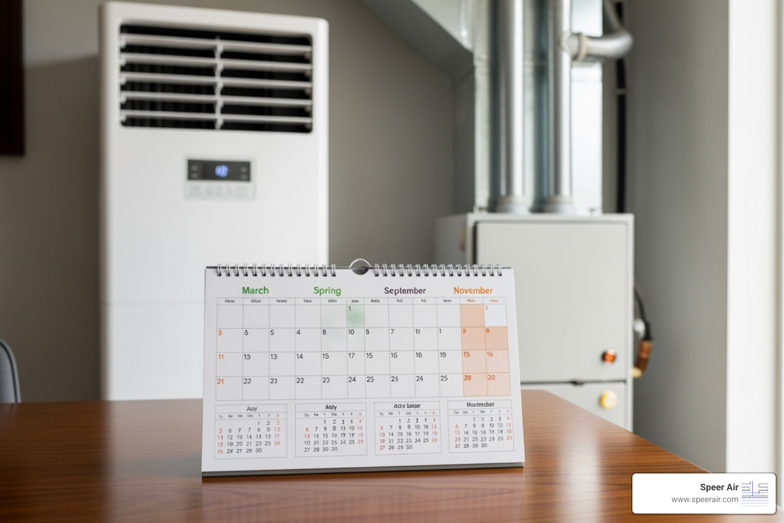 a calendar with spring and fall seasons highlighted next to an air conditioner and a furnace. - hvac deals rockaway a calendar with spring and fall seasons highlighted next to an air conditioner and a furnace. - hvac deals rockaway