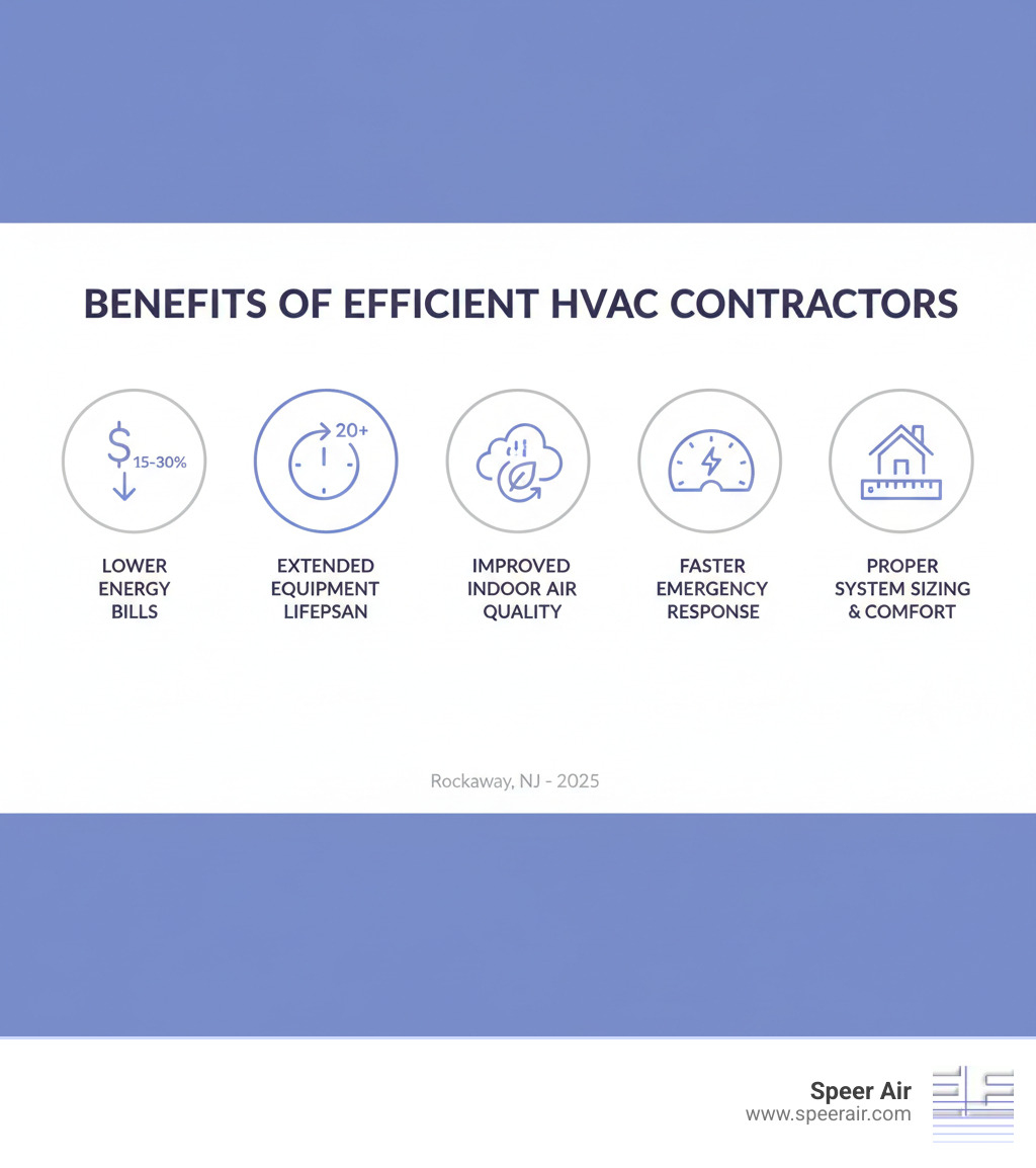 Infographic showing benefits of efficient HVAC contractors including 15-30% lower energy bills, extended equipment lifespan up to 20+ years, improved indoor air quality, faster emergency response times, and proper system sizing for optimal comfort - efficient hvac contractor rockaway infographic Infographic showing benefits of efficient HVAC contractors including 15-30% lower energy bills, extended equipment lifespan up to 20+ years, improved indoor air quality, faster emergency response times, and proper system sizing for optimal comfort - efficient hvac contractor rockaway infographic