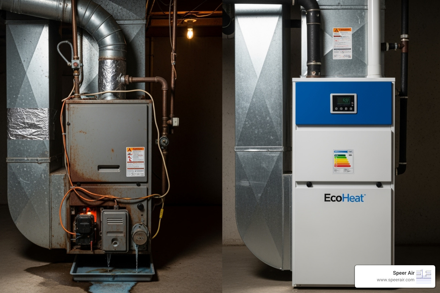 image of an old, failing furnace next to a new, energy-efficient model - efficient hvac contractor rockaway image of an old, failing furnace next to a new, energy-efficient model - efficient hvac contractor rockaway