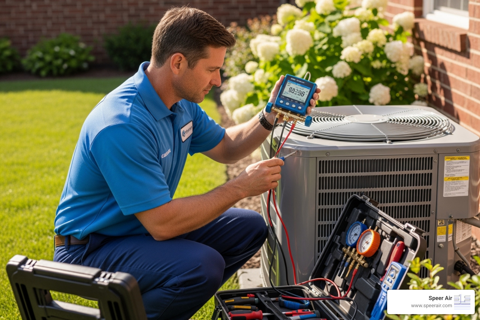 image of a technician performing a precision tune-up on an outdoor AC unit - efficient hvac contractor rockaway image of a technician performing a precision tune-up on an outdoor AC unit - efficient hvac contractor rockaway