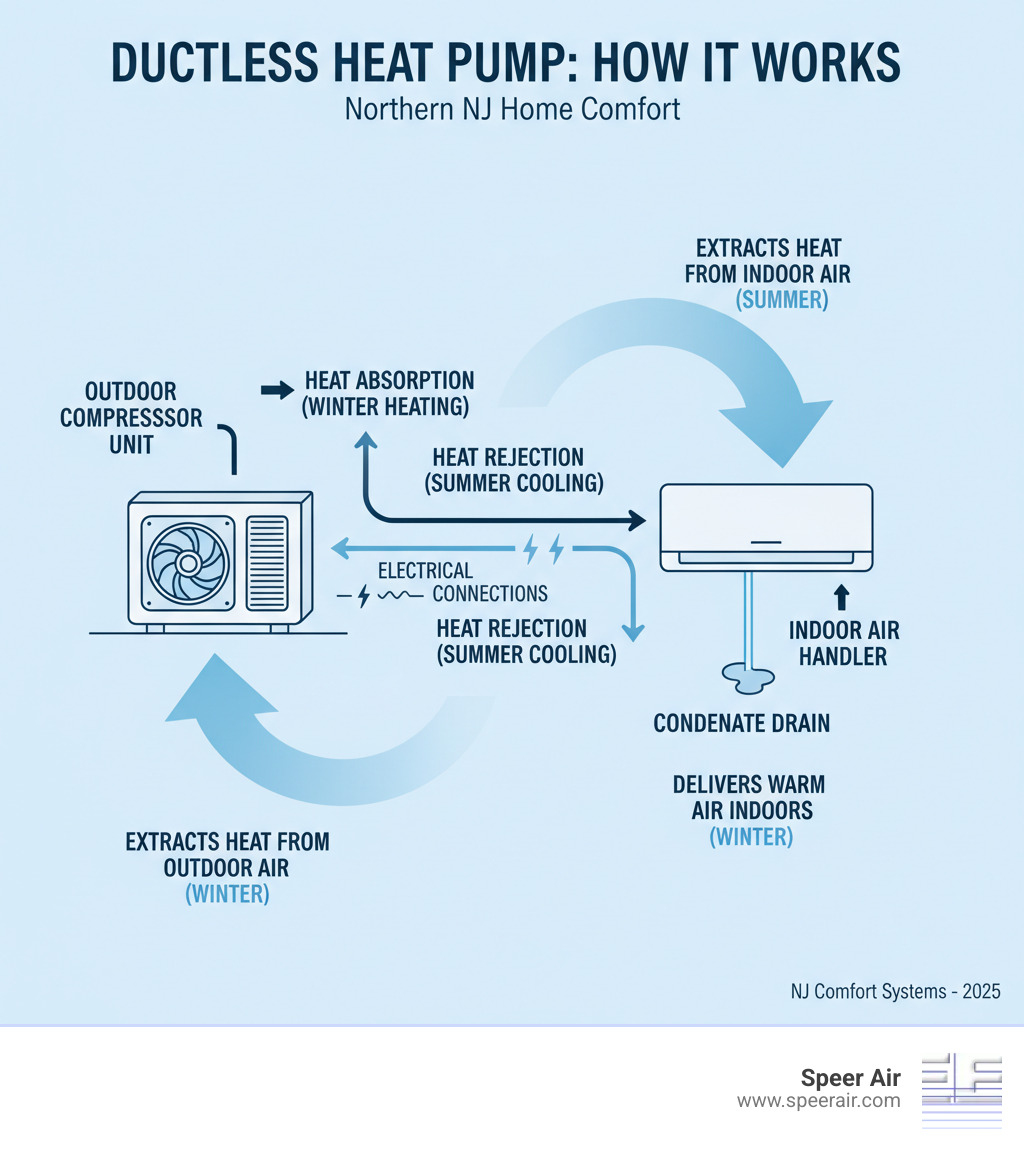 Comprehensive breakdown of ductless heat pump components showing outdoor compressor unit, indoor air handler, refrigerant lines, electrical connections, and condensate drain with labels and arrows indicating heat transfer process - ductless heat pump northern nj infographic Comprehensive breakdown of ductless heat pump components showing outdoor compressor unit, indoor air handler, refrigerant lines, electrical connections, and condensate drain with labels and arrows indicating heat transfer process - ductless heat pump northern nj infographic