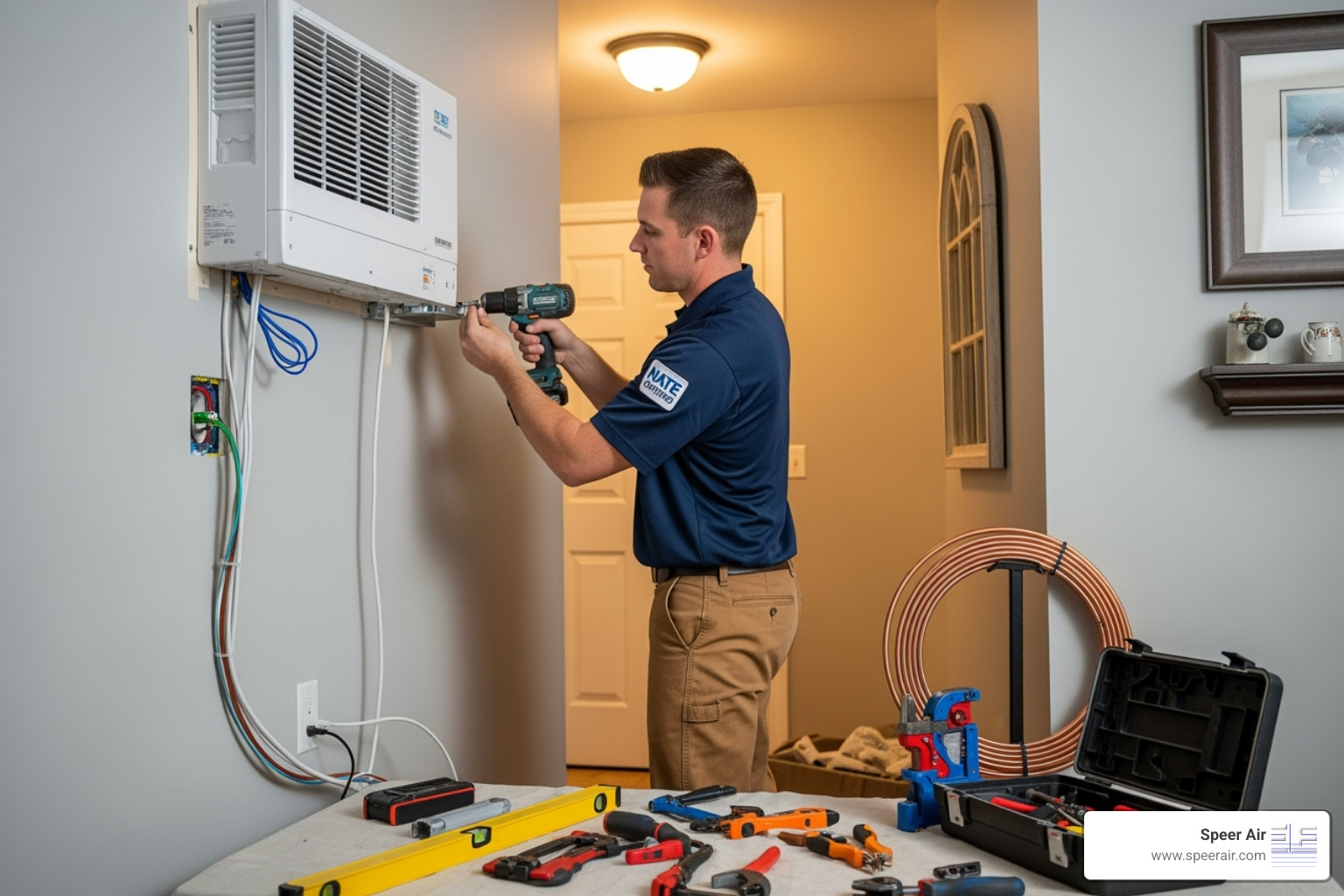 NATE-certified technician installing an indoor ductless mini-split unit on a wall - ductless heat pump northern nj NATE-certified technician installing an indoor ductless mini-split unit on a wall - ductless heat pump northern nj