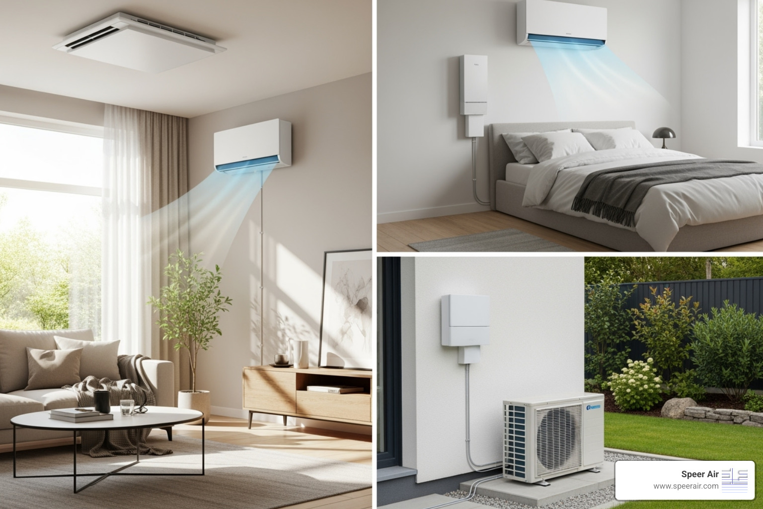 Multi-zone ductless heat pump setup showing indoor units in different rooms, all connected to a single outdoor unit - ductless heat pump northern nj Multi-zone ductless heat pump setup showing indoor units in different rooms, all connected to a single outdoor unit - ductless heat pump northern nj