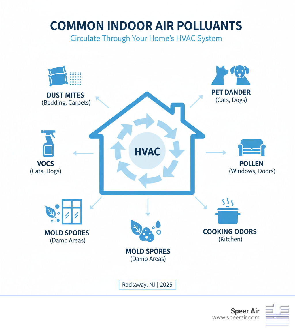 Infographic showing common indoor air pollutants including dust mites from bedding and carpets, pet dander from cats and dogs, VOCs from cleaning products and furniture, pollen entering through windows and doors, mold spores from damp areas like bathrooms, and cooking odors from the kitchen, with arrows indicating how these pollutants circulate through a home's HVAC system - air purifier installation rockaway nj infographic Infographic showing common indoor air pollutants including dust mites from bedding and carpets, pet dander from cats and dogs, VOCs from cleaning products and furniture, pollen entering through windows and doors, mold spores from damp areas like bathrooms, and cooking odors from the kitchen, with arrows indicating how these pollutants circulate through a home's HVAC system - air purifier installation rockaway nj infographic