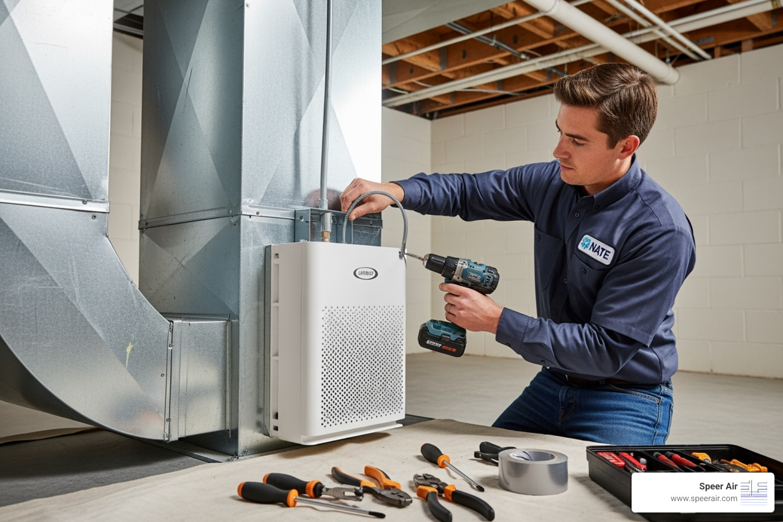 NATE-certified technician neatly integrating a whole-home air purifier into a home's HVAC ductwork - air purifier installation rockaway nj NATE-certified technician neatly integrating a whole-home air purifier into a home's HVAC ductwork - air purifier installation rockaway nj