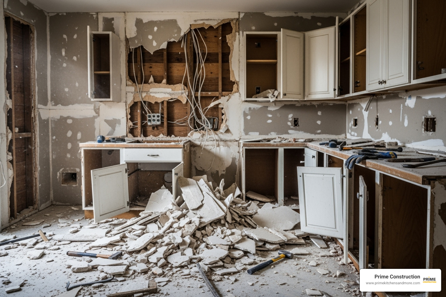 kitchen mid-demolition showing exposed studs and wiring - full house remodeling