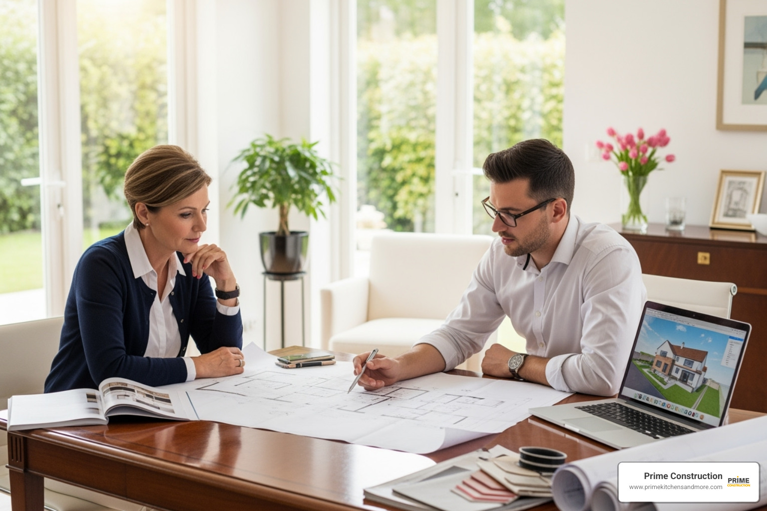 homeowner reviewing blueprints with a designer - full house remodeling