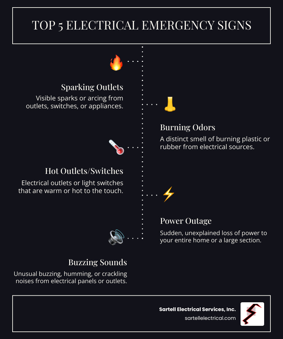Infographic showing the top 5 emergency electrical warning signs: sparking outlets with flame icon, burning odors with smoke symbol, hot switches and outlets with temperature gauge, complete power outage with house silhouette, and buzzing sounds from electrical panels with sound waves - each with immediate action steps - emergency electrician framingham ma infographic infographic-line-5-steps-dark Infographic showing the top 5 emergency electrical warning signs: sparking outlets with flame icon, burning odors with smoke symbol, hot switches and outlets with temperature gauge, complete power outage with house silhouette, and buzzing sounds from electrical panels with sound waves - each with immediate action steps - emergency electrician framingham ma infographic infographic-line-5-steps-dark