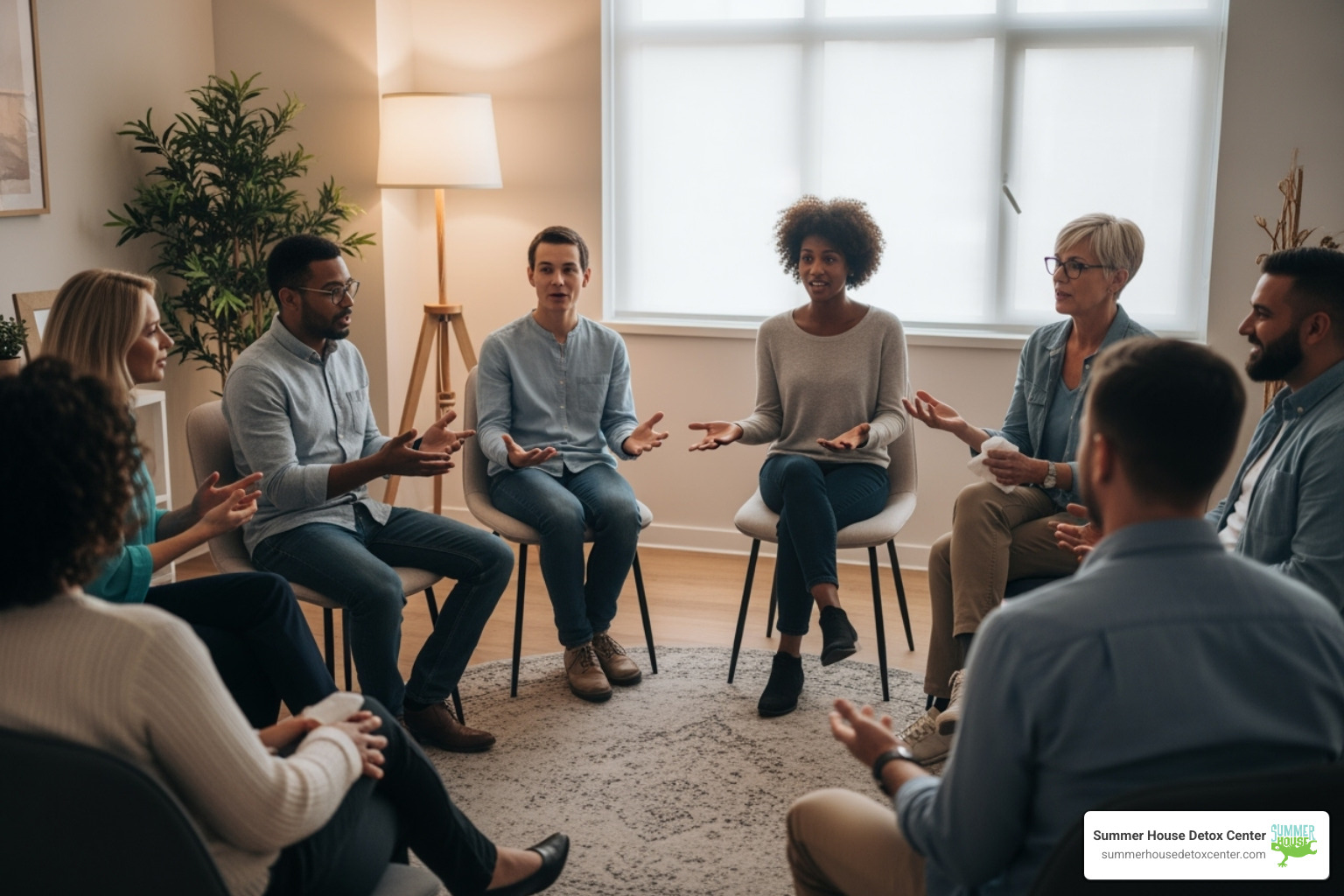 diverse individuals in a supportive group therapy circle - addiction counseling miami
