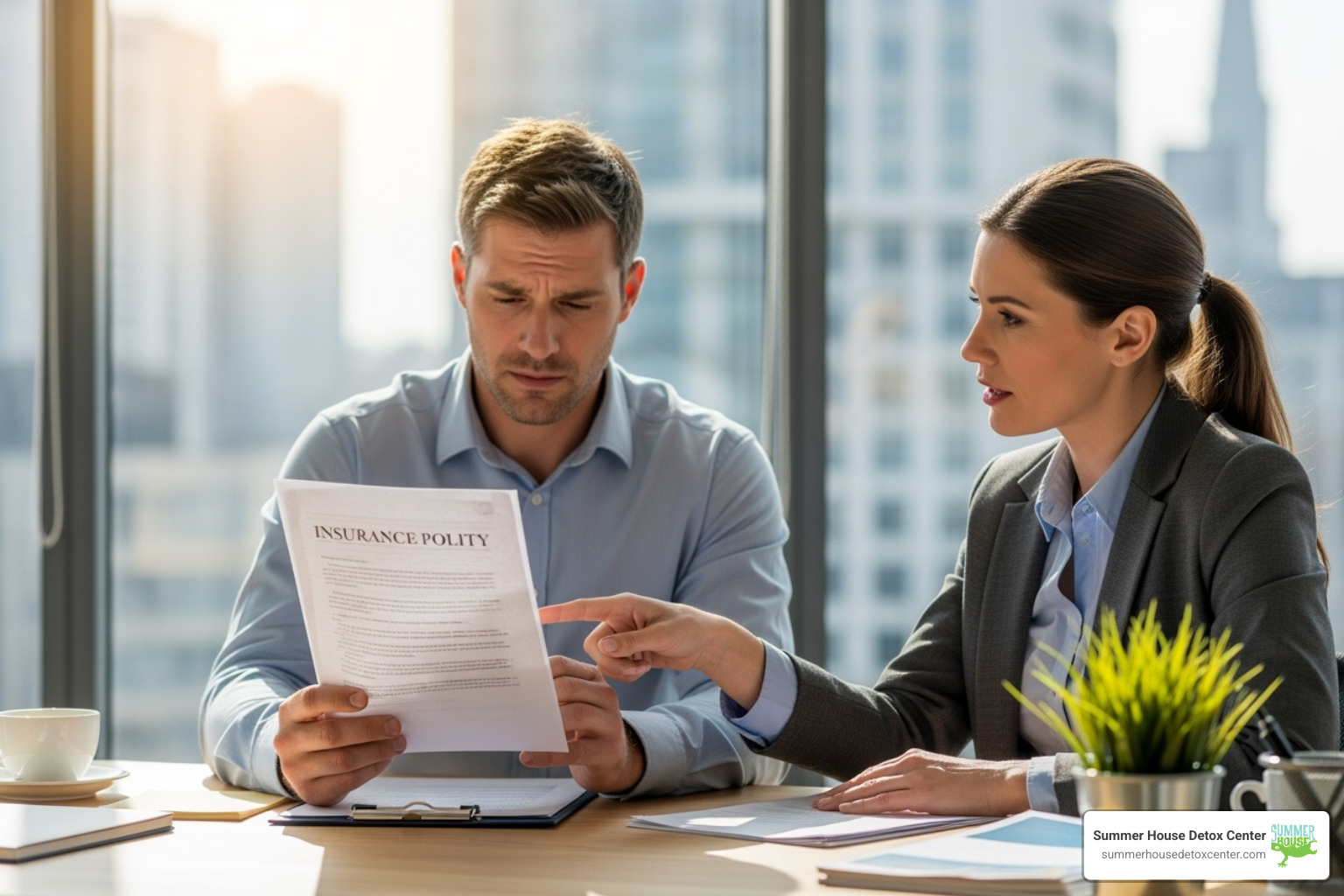 person reviewing an insurance document with a counselor - addiction counseling miami