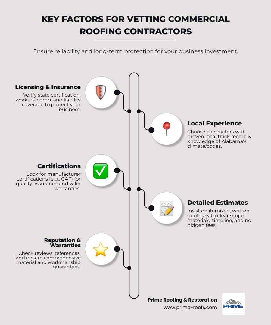 Infographic showing the top factors to evaluate when choosing commercial roofing repair contractors: licensing verification, local experience assessment, manufacturer certifications review, detailed estimate comparison, reference checking, and warranty understanding - commercial roofing repair contractors near me infographic infographic-line-5-steps-neat_beige Infographic showing the top factors to evaluate when choosing commercial roofing repair contractors: licensing verification, local experience assessment, manufacturer certifications review, detailed estimate comparison, reference checking, and warranty understanding - commercial roofing repair contractors near me infographic infographic-line-5-steps-neat_beige