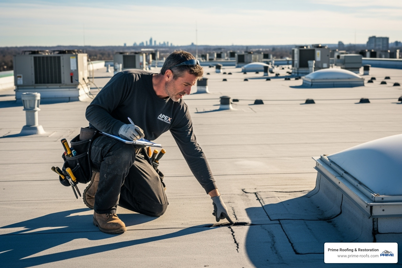 Professional roofer conducting routine inspection on commercial roof - commercial roofing repair contractors near me Professional roofer conducting routine inspection on commercial roof - commercial roofing repair contractors near me