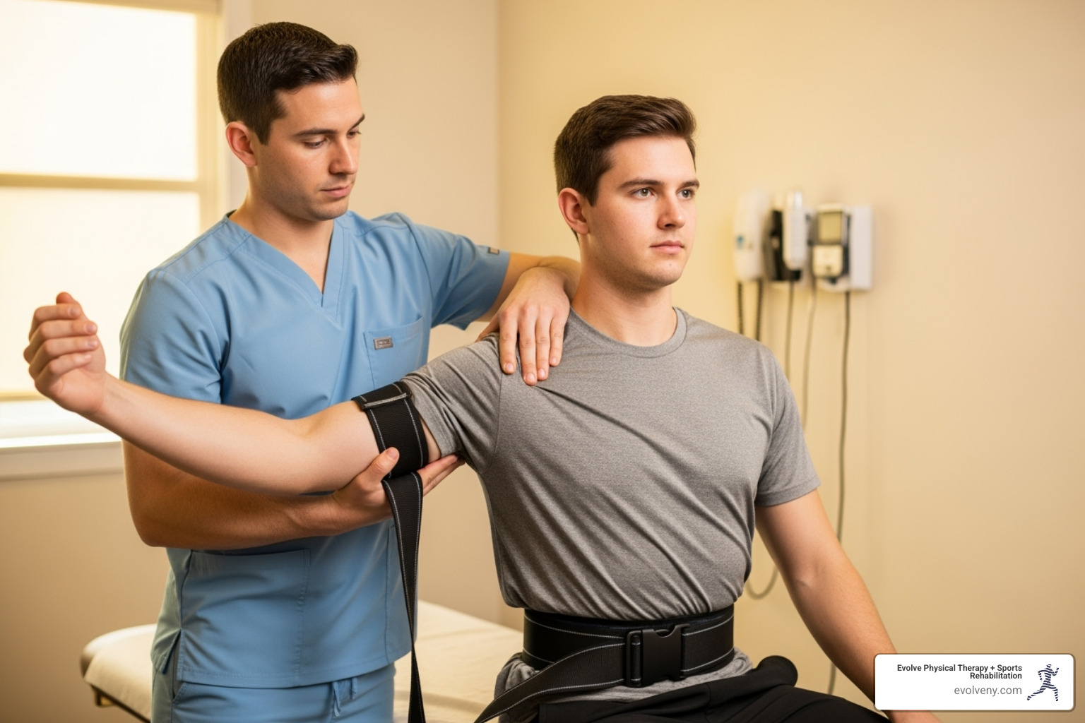 a physical therapist performing a shoulder MWM with a mobilization belt - mobilizations with movement a physical therapist performing a shoulder MWM with a mobilization belt - mobilizations with movement