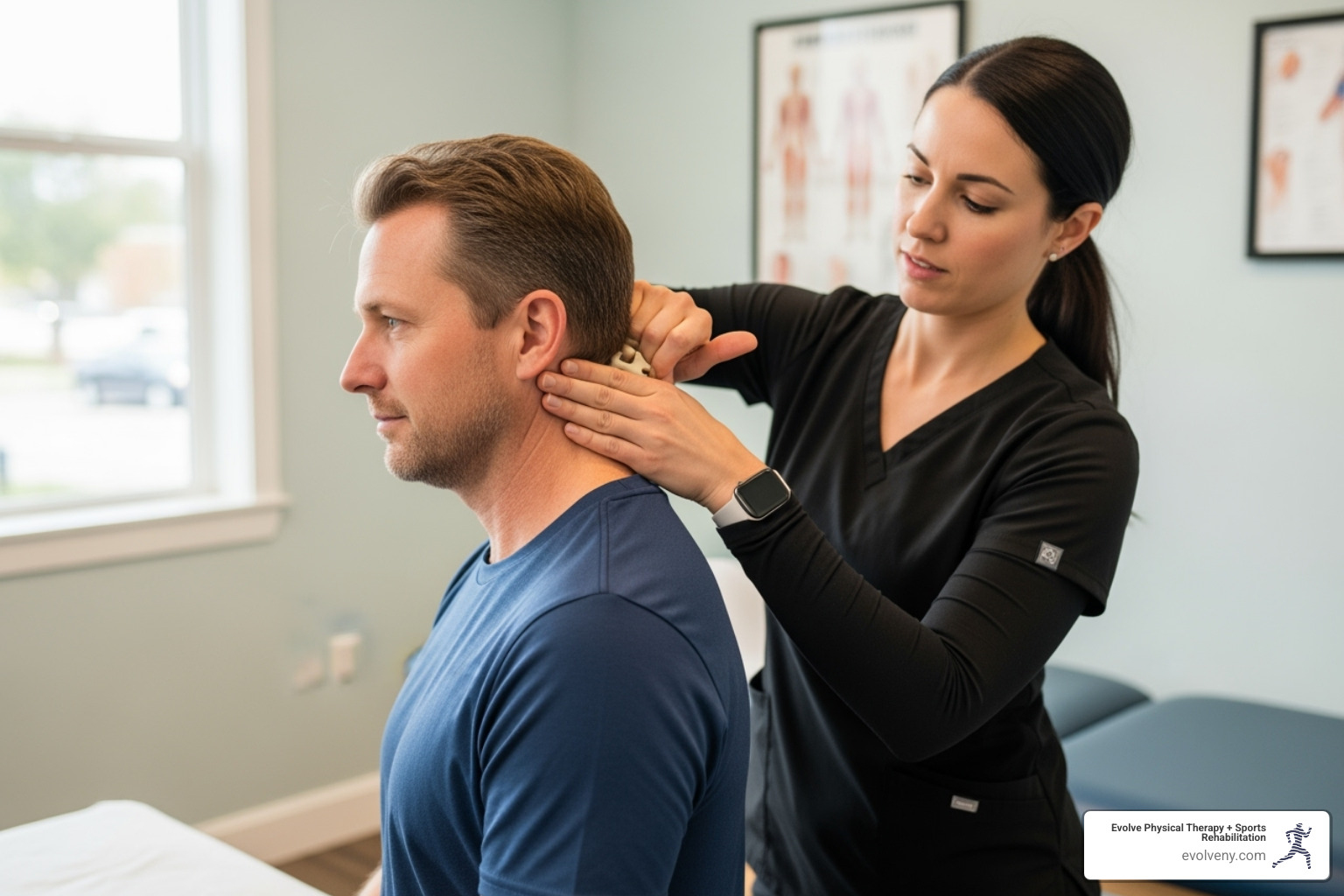 a physical therapist performing a SNAG on a patient's neck - mobilizations with movement a physical therapist performing a SNAG on a patient's neck - mobilizations with movement