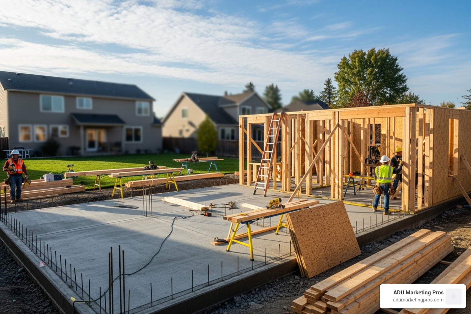 Construction site for an ADU with foundation and framing underway - adu cost bay area