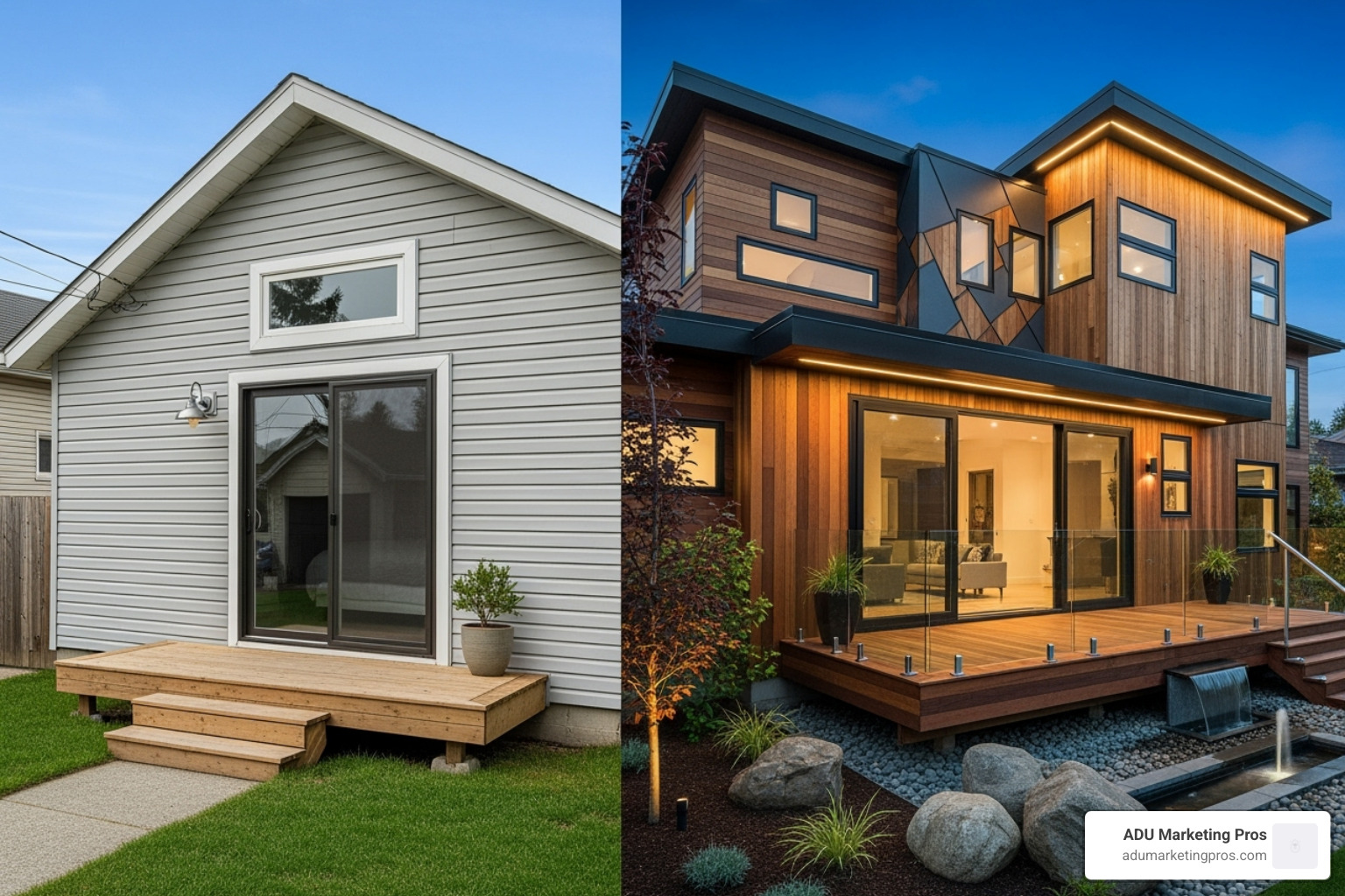 Split-screen image showing a simple garage conversion ADU on one side and a high-end custom detached ADU on the other, illustrating design complexity and finish levels - adu cost bay area