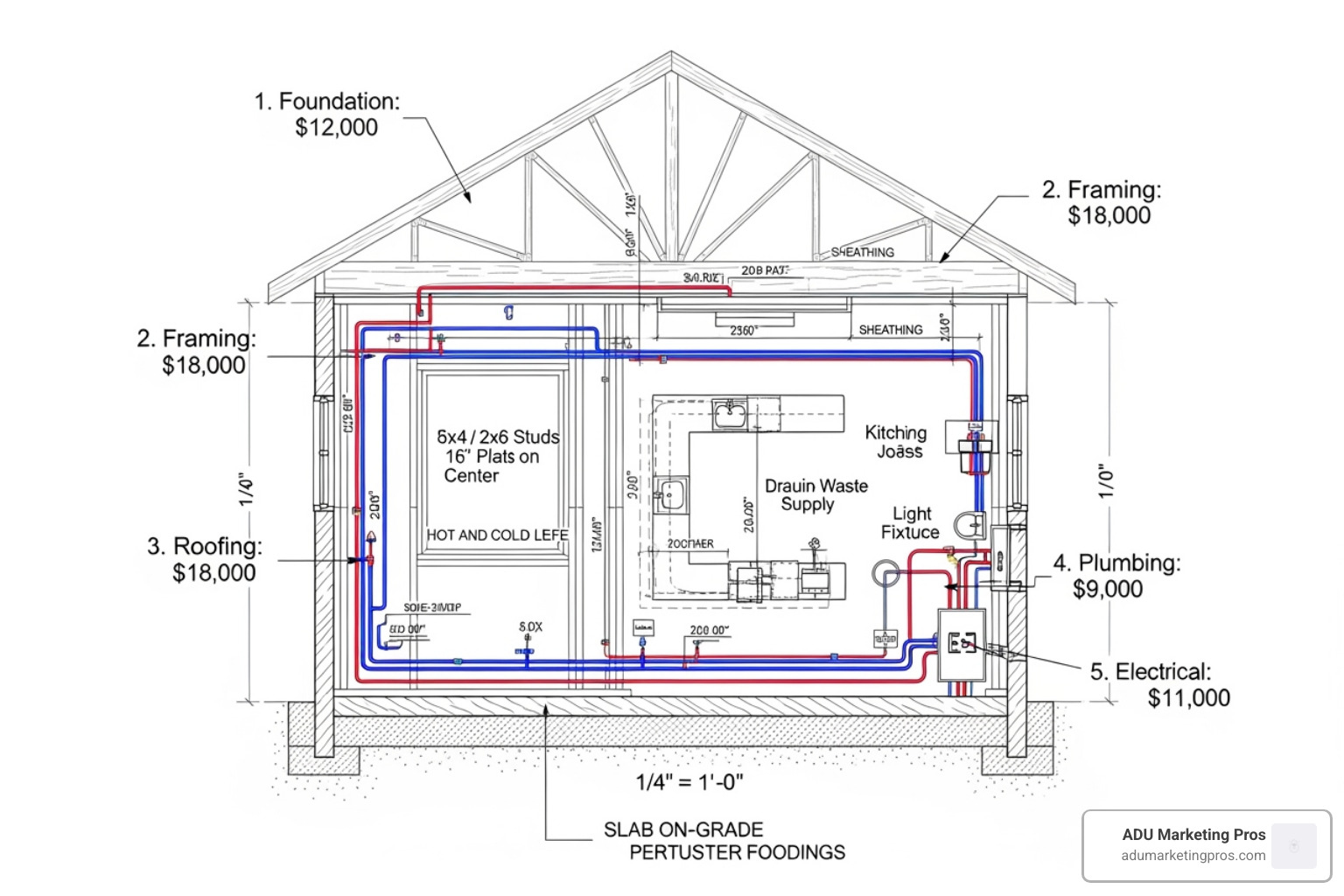 ADU blueprint with cost annotations for construction components - adu cost bay area