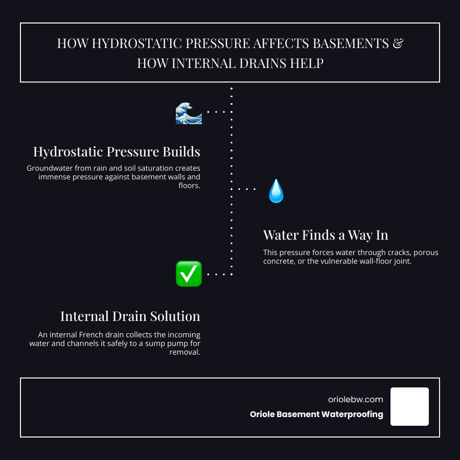 How hydrostatic pressure pushes groundwater against basement walls and floors, creating the need for interior drainage systems to collect and redirect water away from the living space - internal french drain infographic infographic-line-3-steps-dark