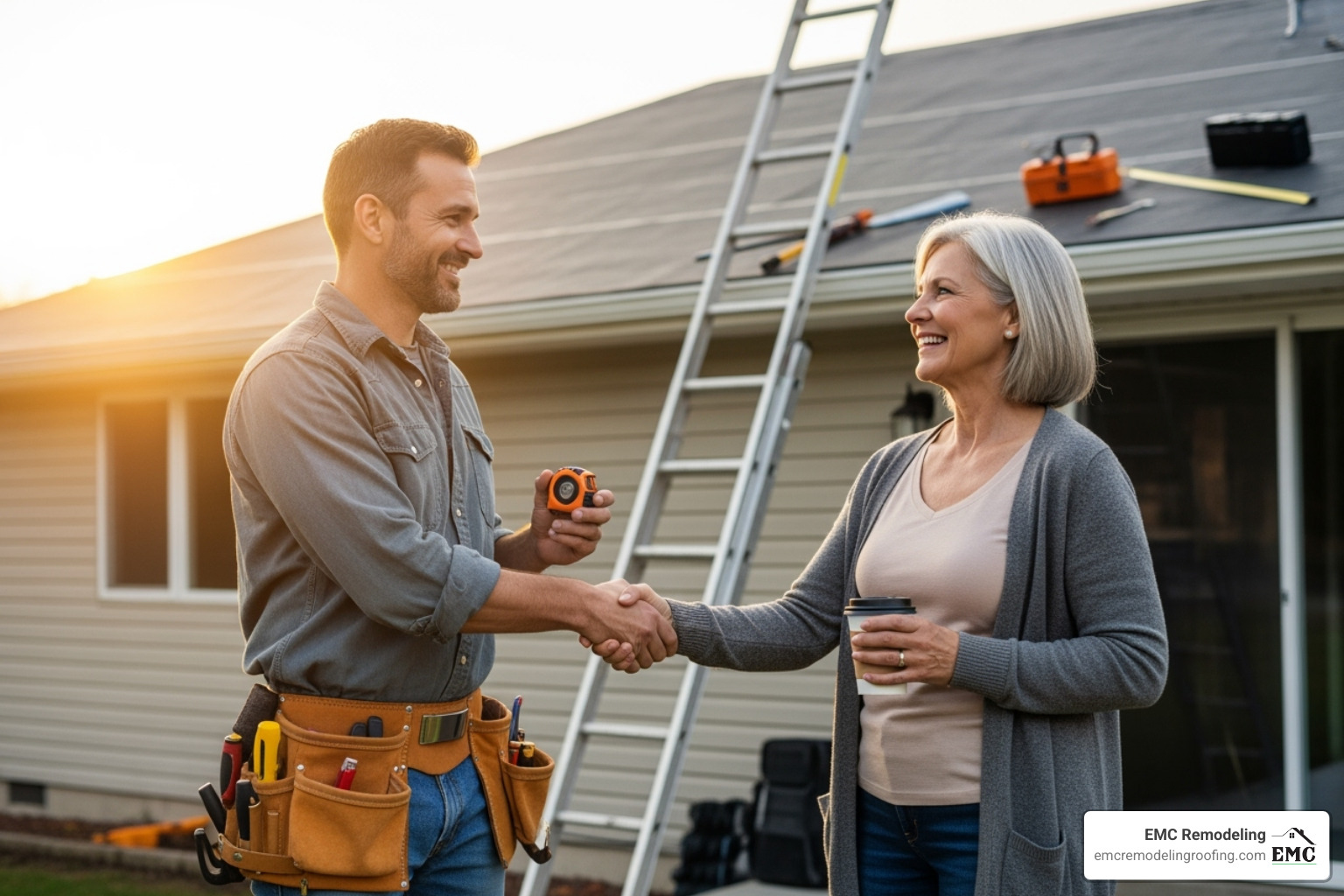 friendly roofer shaking hands with a satisfied homeowner - roofers temple tx