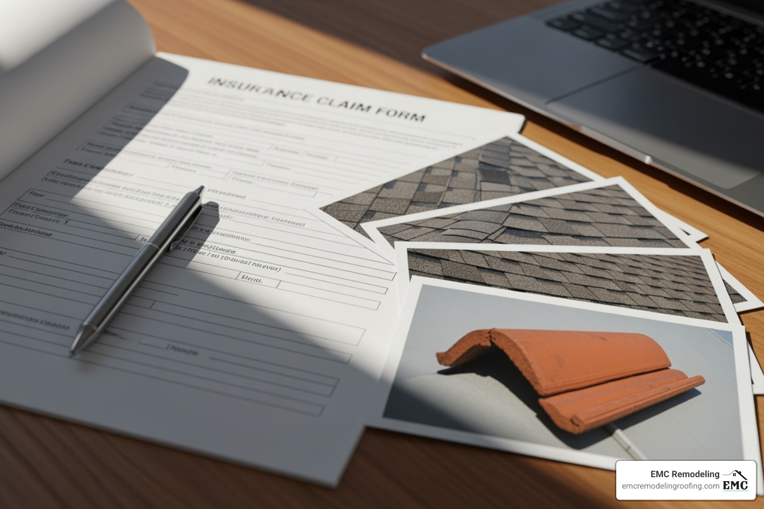 an insurance claim form next to photos of roof damage - belton tx roofing