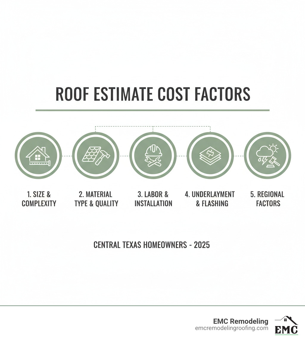 Detailed breakdown of the 5 main factors that determine roof estimate cost: roof size and complexity, material type and quality, labor and installation requirements, additional components like underlayment and flashing, and regional factors including local building codes and weather considerations - roof estimate cost infographic Detailed breakdown of the 5 main factors that determine roof estimate cost: roof size and complexity, material type and quality, labor and installation requirements, additional components like underlayment and flashing, and regional factors including local building codes and weather considerations - roof estimate cost infographic