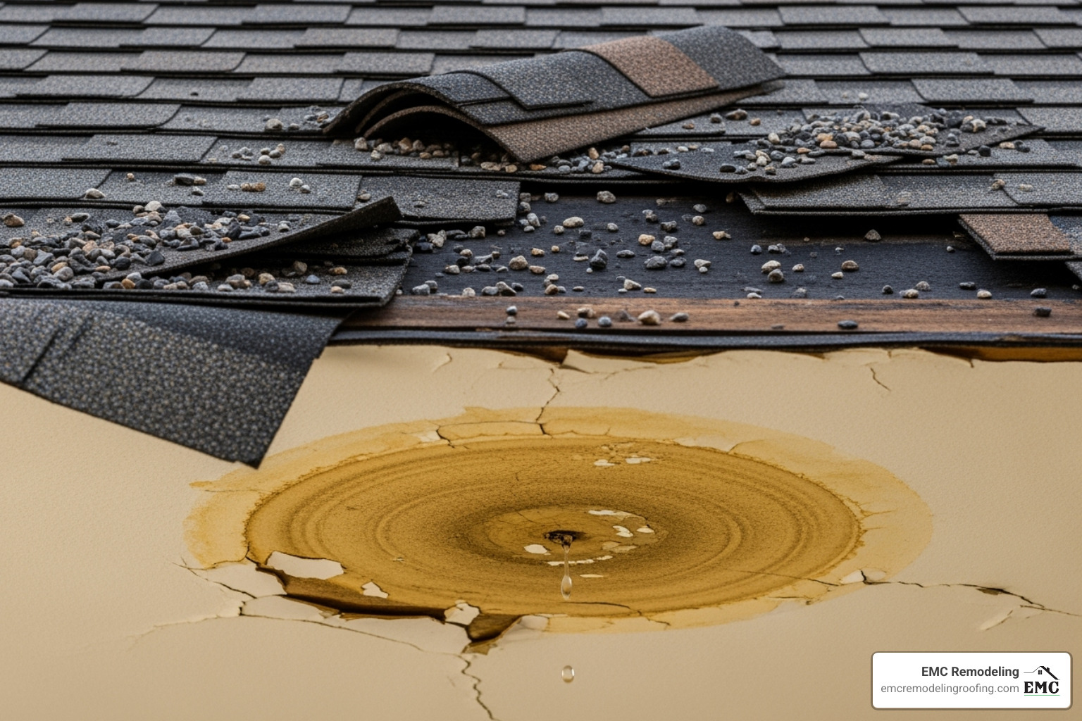 curling shingles and a water stain on a ceiling, indicating the need for replacement - roof estimate cost curling shingles and a water stain on a ceiling, indicating the need for replacement - roof estimate cost