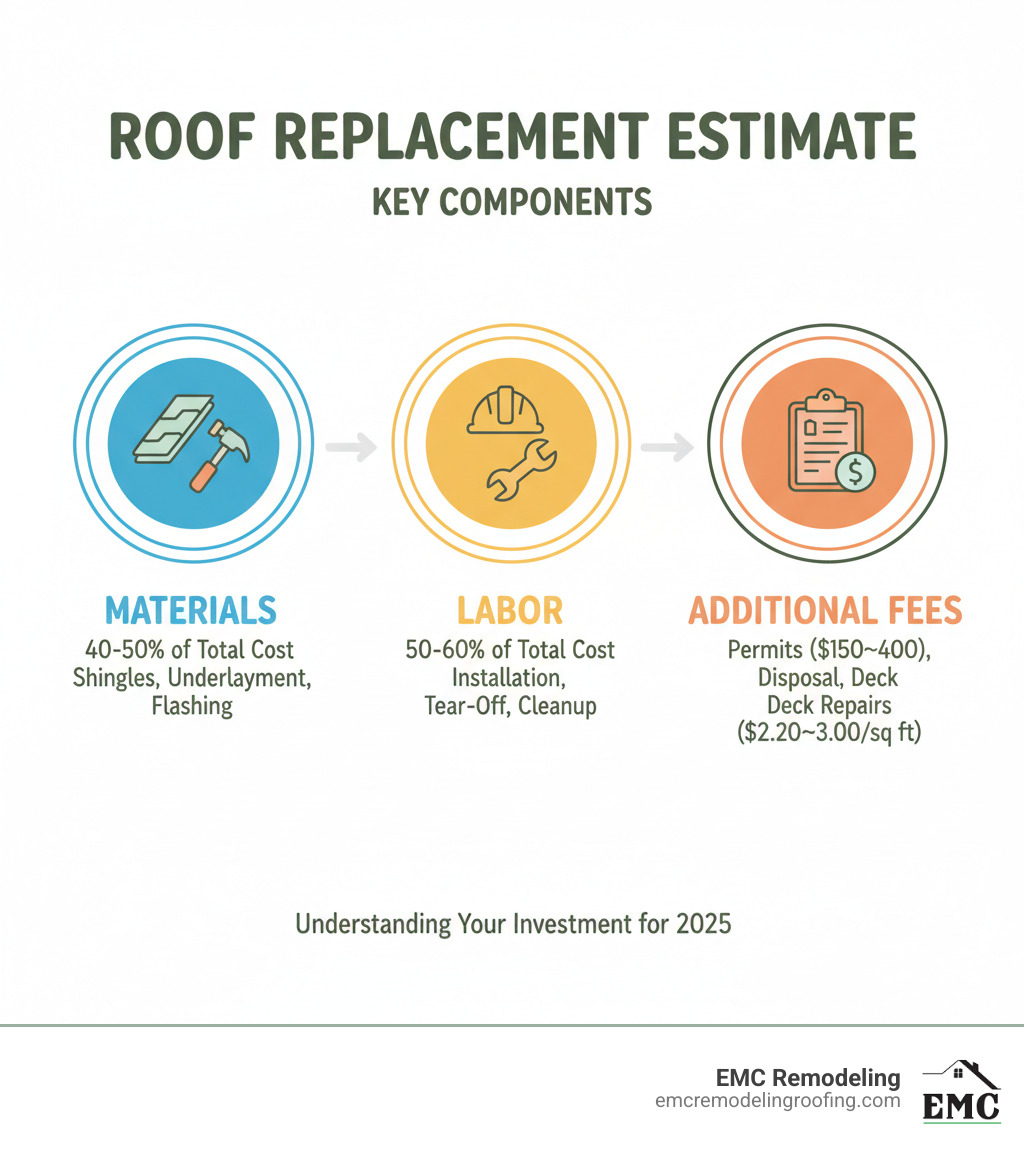 Detailed infographic showing the three main components of a roof replacement estimate: Materials section (40-50% of total cost, including shingles, underlayment, flashing), Labor section (50-60% of total cost, including installation, tear-off, cleanup), and Additional Fees section (permits $150-$400, disposal costs, potential deck repairs $2.20-$3.00/sq ft) - roof replacement estimate infographic 