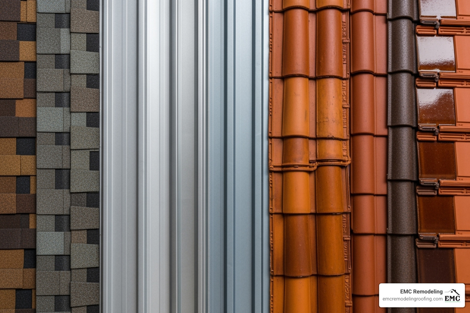 Various roofing materials like asphalt shingles, metal panels, and tiles - estimate for roof repair