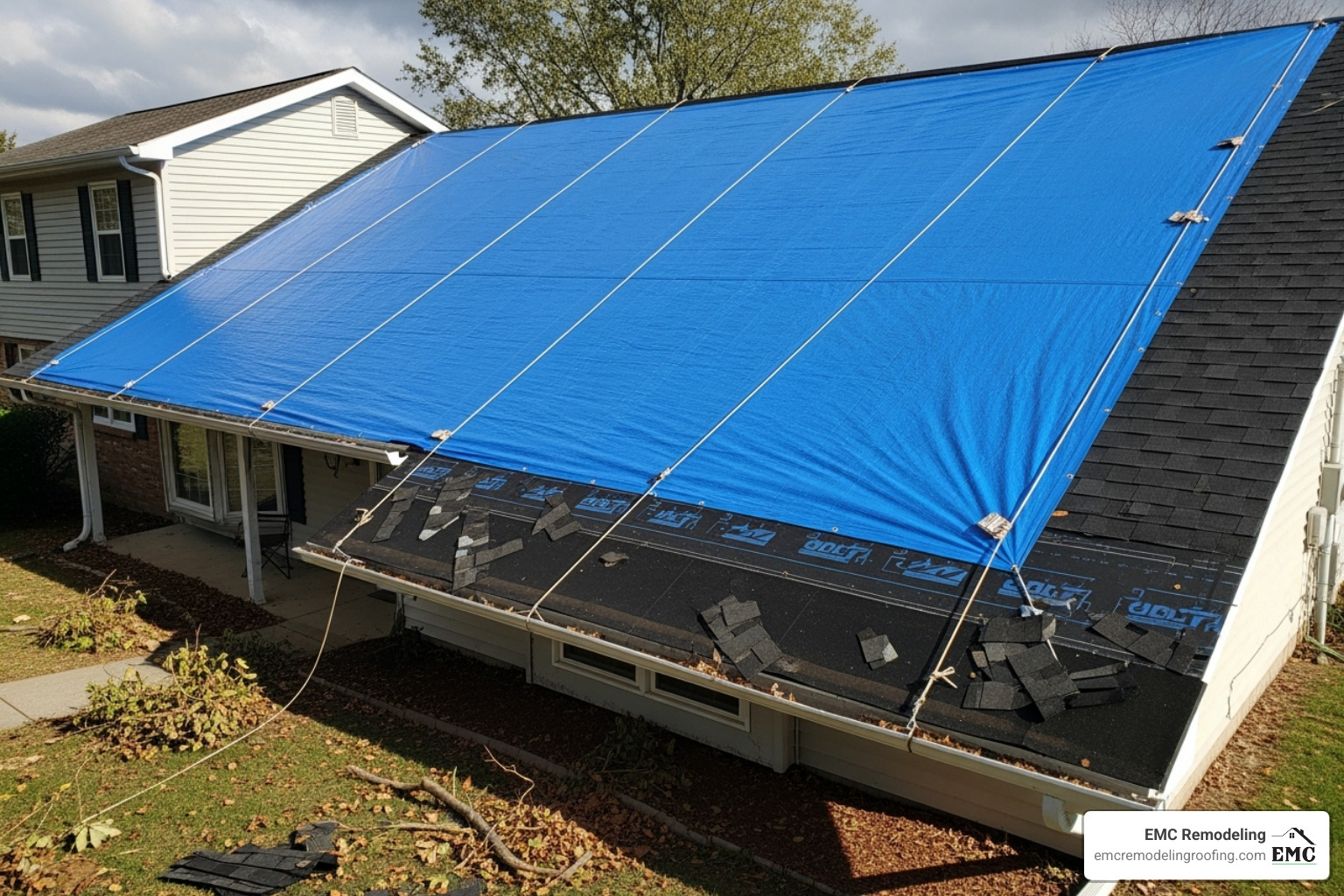 Roof being tarped after storm damage - estimate for roof repair