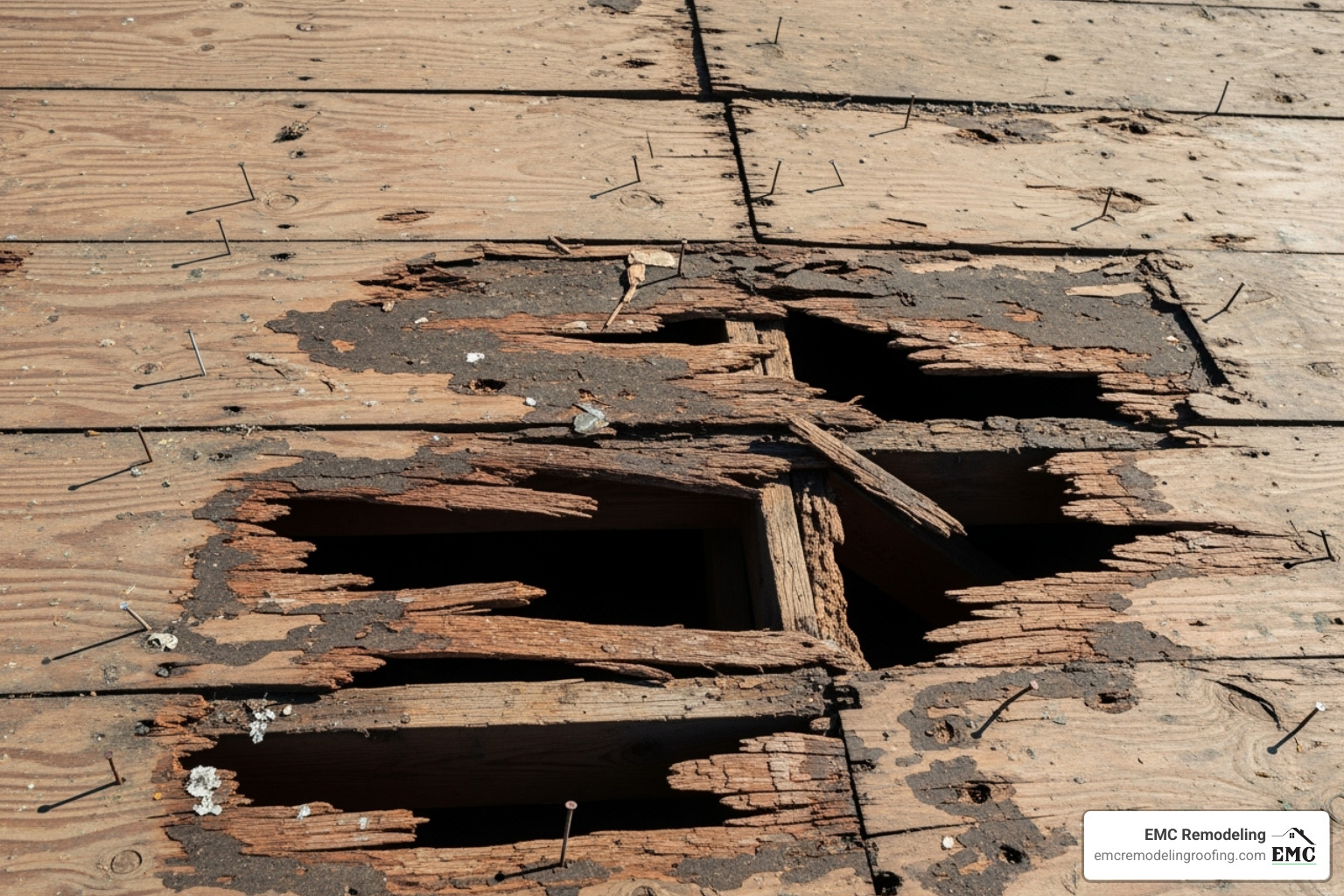 damaged roof decking exposed after shingle removal - roof replacement estimate