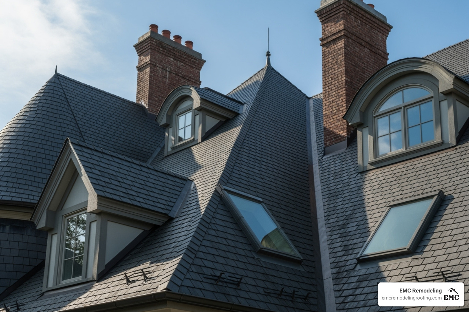 complex roof with a steep pitch and multiple architectural features - roof replacement estimate