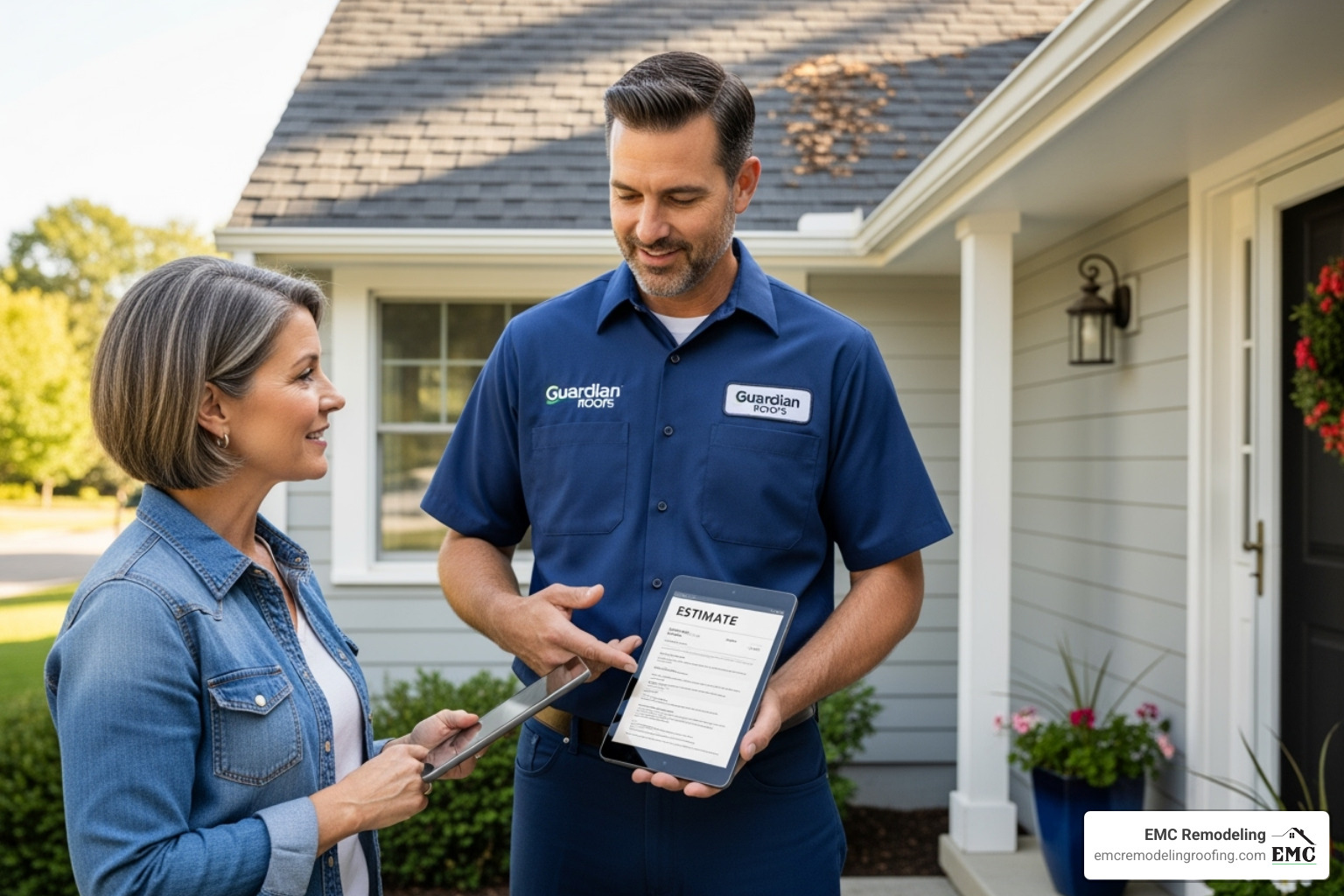 professional roofer in uniform providing a written estimate to a homeowner - killeen tx roofing professional roofer in uniform providing a written estimate to a homeowner - killeen tx roofing