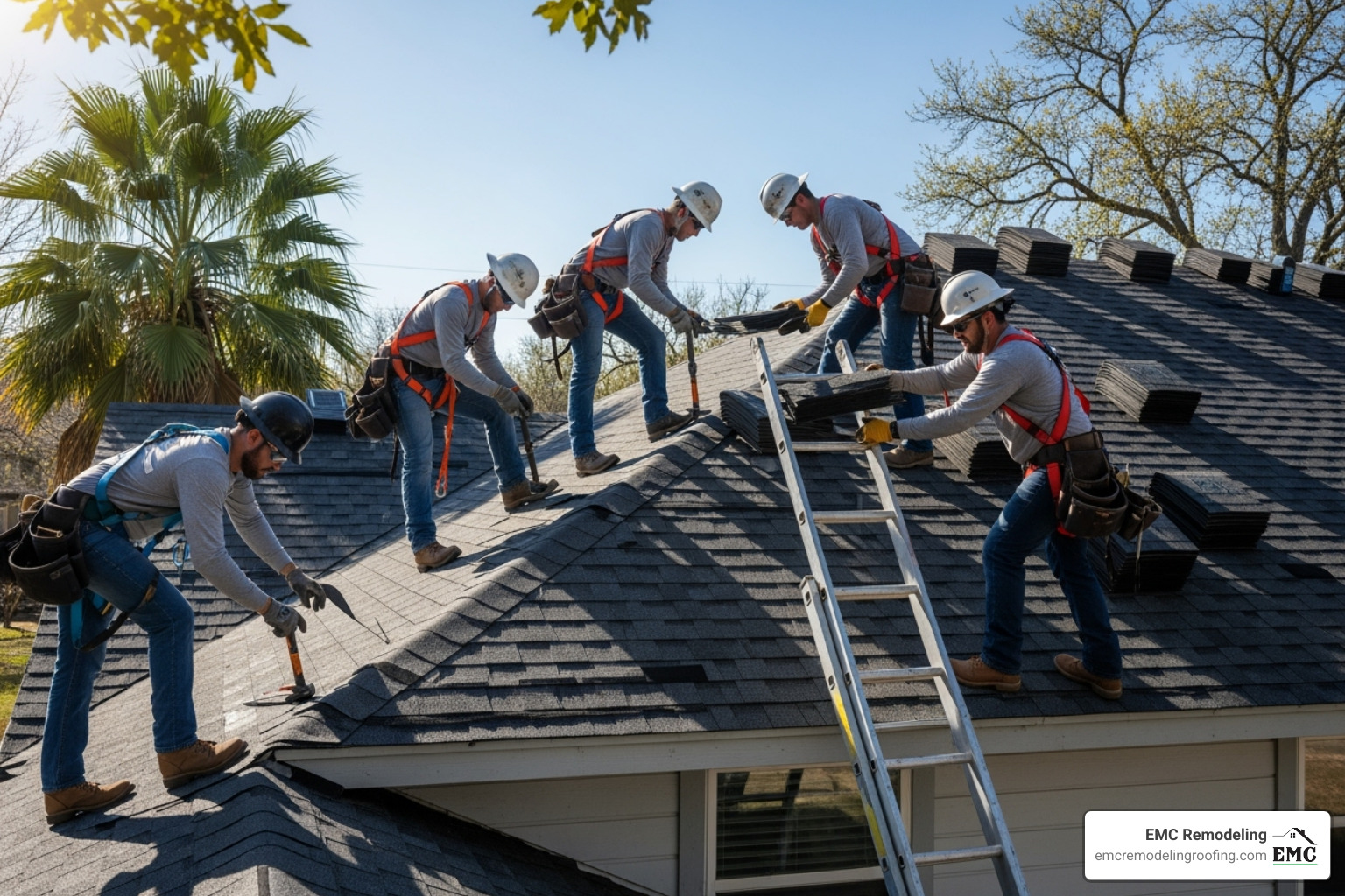professional roofing crew working safely on a residential roof - roofing austin tx professional roofing crew working safely on a residential roof - roofing austin tx