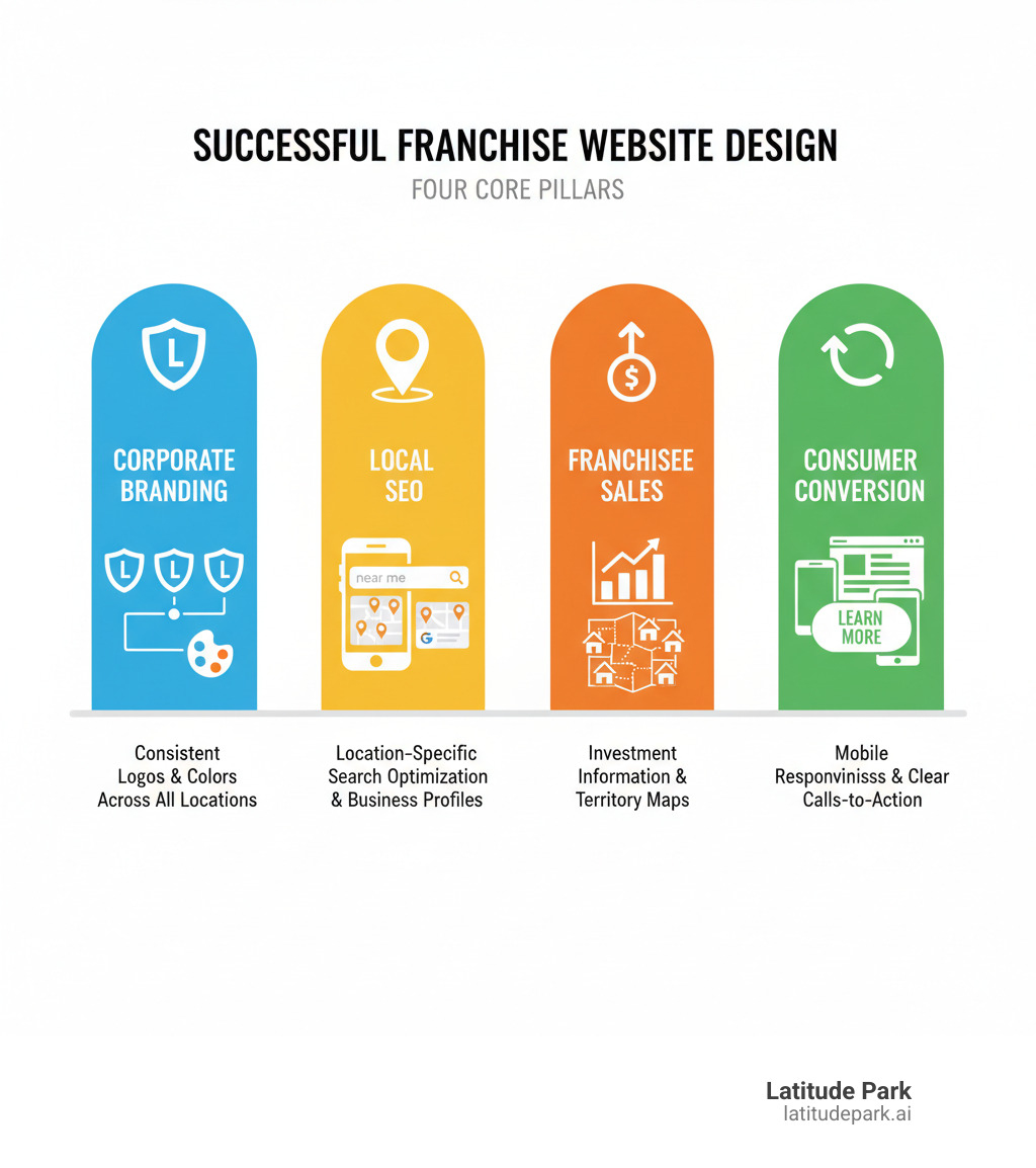 Infographic showing the four core pillars of successful franchise website design: Corporate Branding pillar showing consistent logos and colors across all locations, Local SEO pillar displaying location-specific search optimization and Google Business profiles, Franchisee Sales pillar featuring investment information and territory maps, and Consumer Conversion pillar highlighting user experience elements like mobile responsiveness and clear call-to-action buttons - franchise website design infographic 