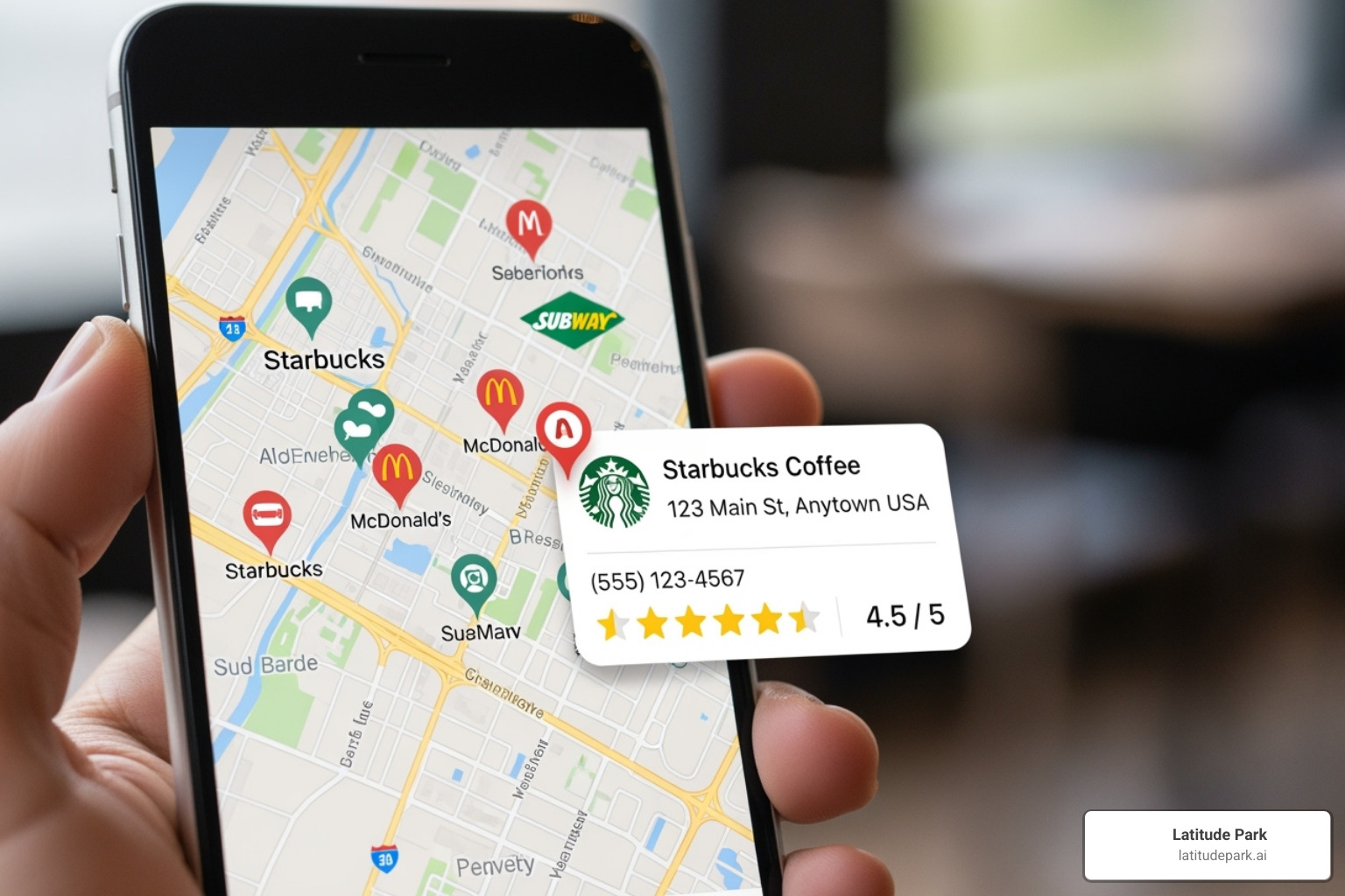 A map on a smartphone showing multiple branded pins for a franchise, with a highlighted local business profile for one of the locations, displaying its name, address, phone number, and star rating. - franchise website design