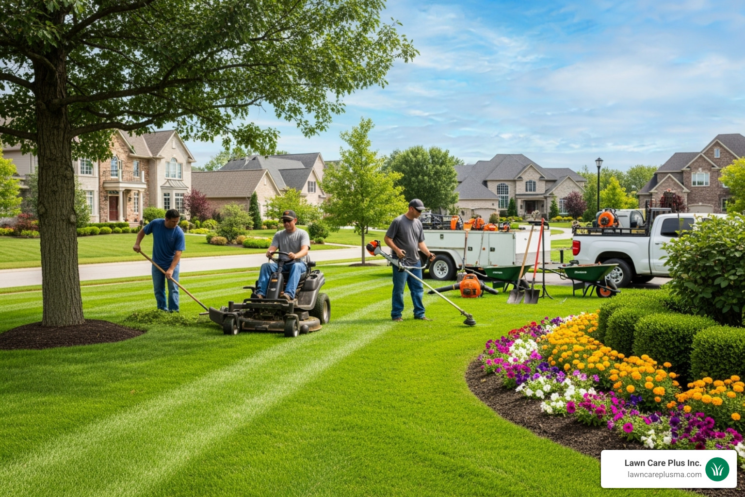 landscaping crew working on a pristine lawn - norwood ma landscaping