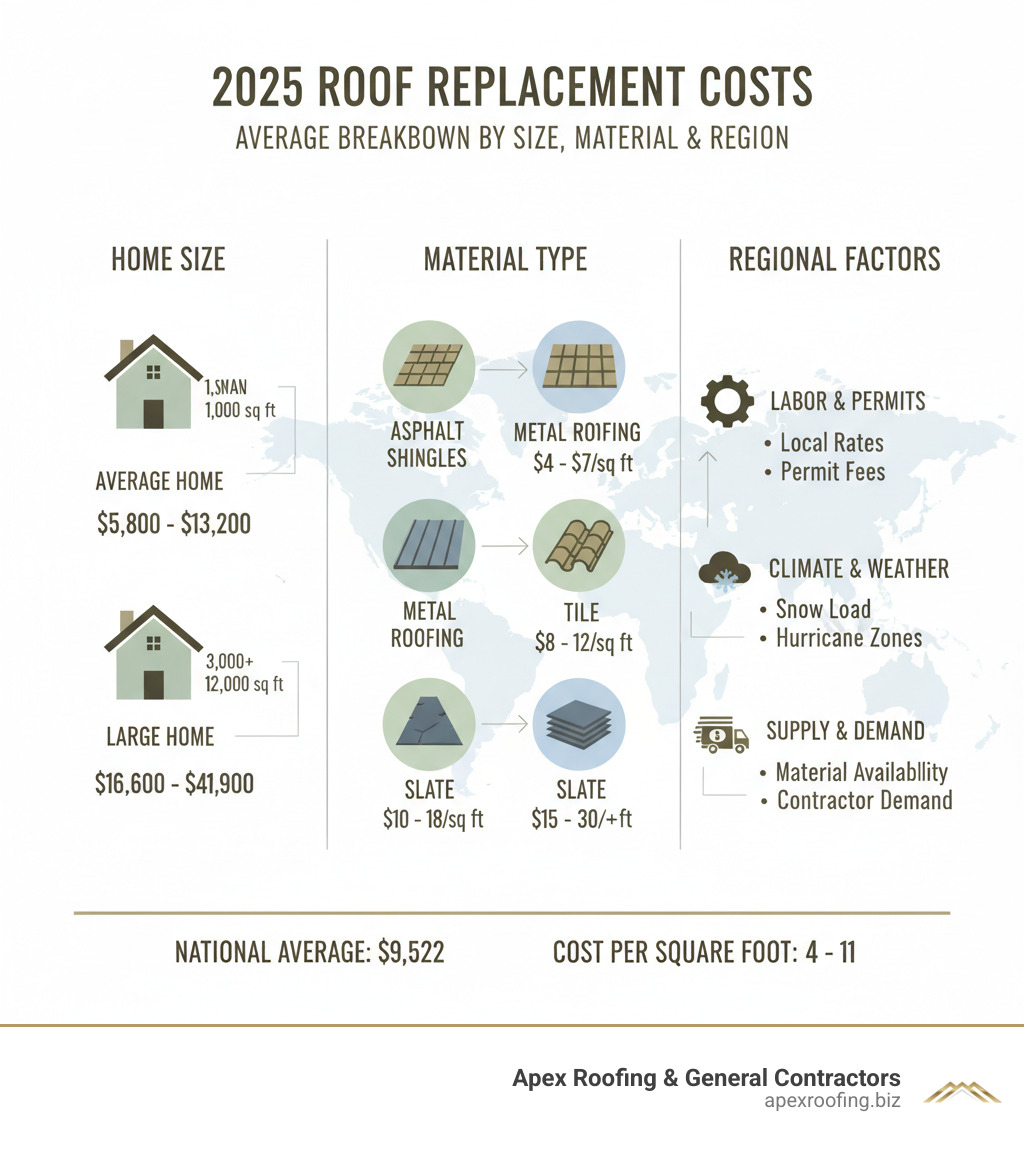 Detailed breakdown of average roof replacement costs by home size, material type, and regional factors affecting final pricing in 2025 - average roof replacement cost infographic 