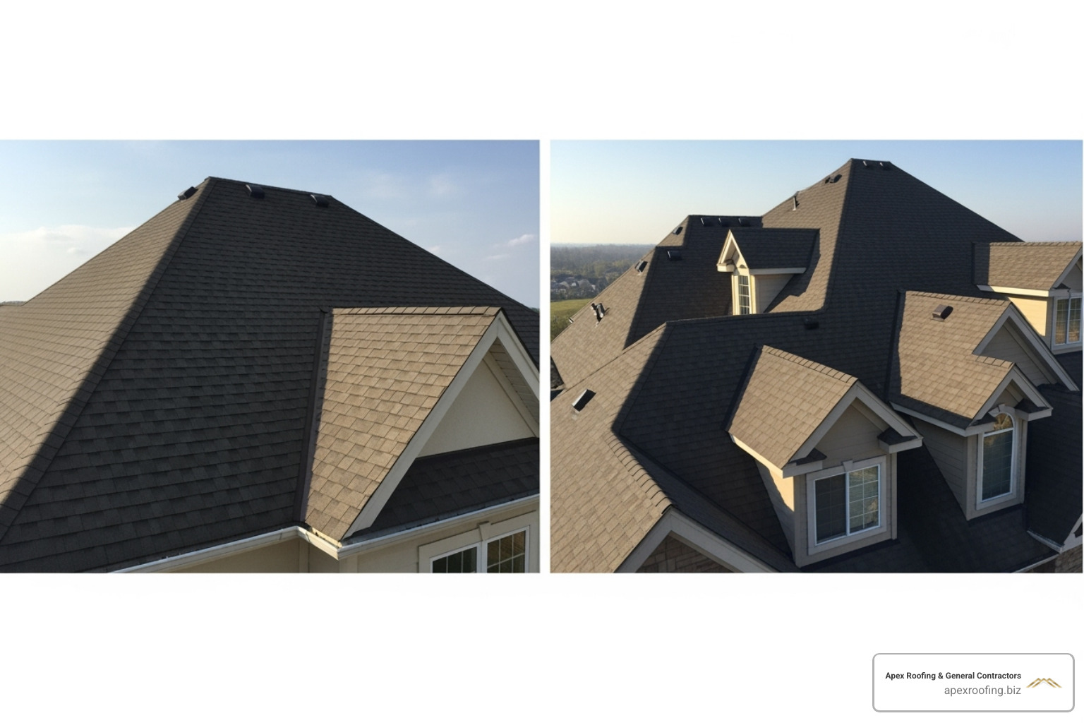 Comparison of a simple gable roof with a complex roof featuring multiple hips, valleys, and dormers - average roof replacement cost