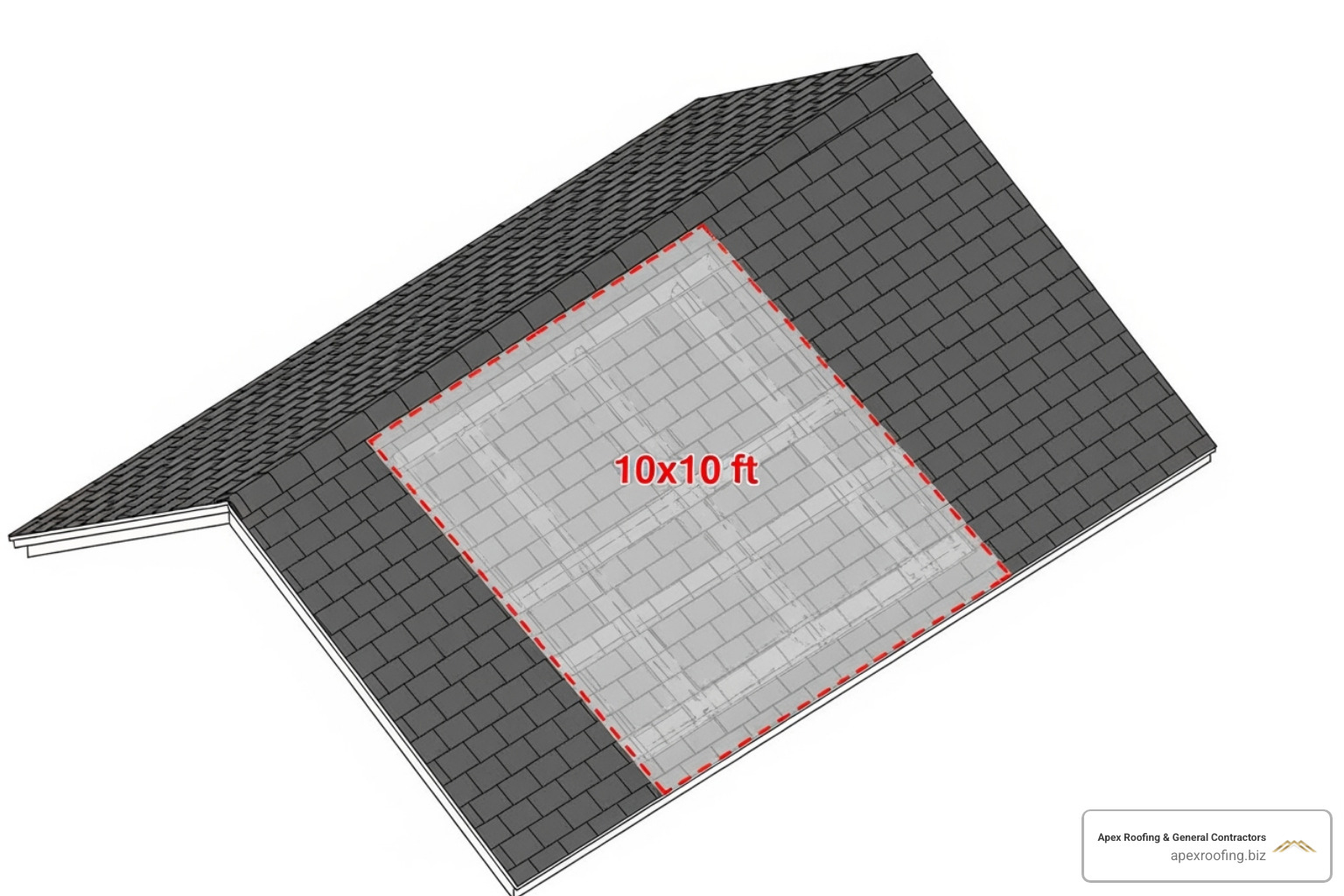 A diagram illustrating a 10x10 foot roofing square on a roof section - average roof replacement cost