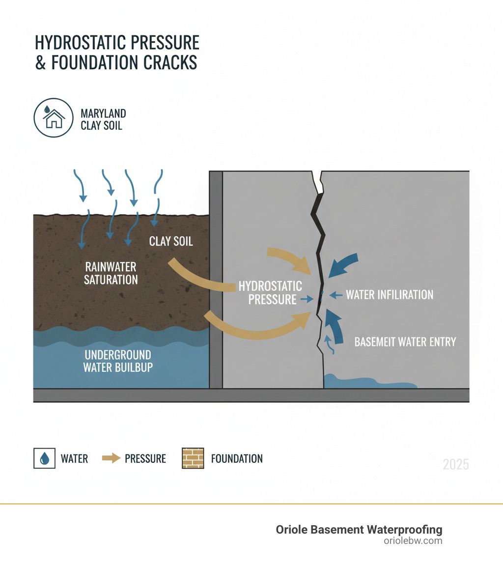 Detailed infographic showing how hydrostatic pressure from Maryland's clay soil creates underground water buildup that pushes through foundation cracks, including cross-section view of a basement wall with water infiltration paths and pressure arrows - Waterproofing foundation cracks infographic Detailed infographic showing how hydrostatic pressure from Maryland's clay soil creates underground water buildup that pushes through foundation cracks, including cross-section view of a basement wall with water infiltration paths and pressure arrows - Waterproofing foundation cracks infographic