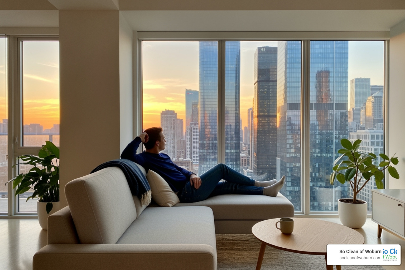 Person relaxing in a spotless home while looking out a window at a city view - apartment cleaning Arlington
