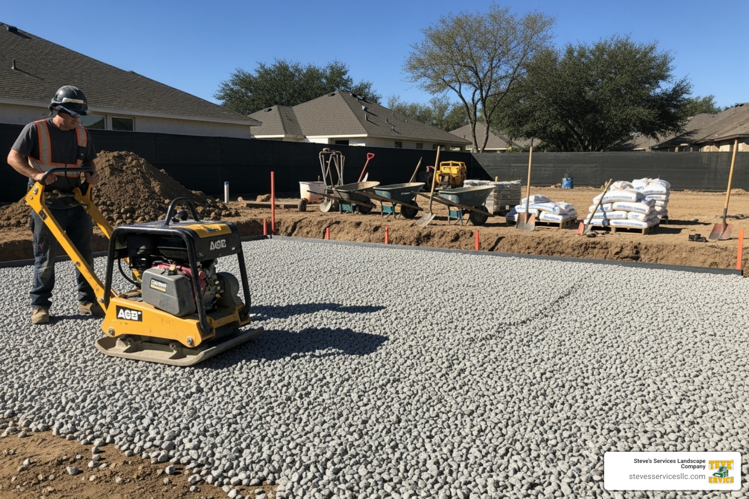 Construction site showing proper base preparation for a patio with gravel and compacting equipment - Patio Cost Burlington MA