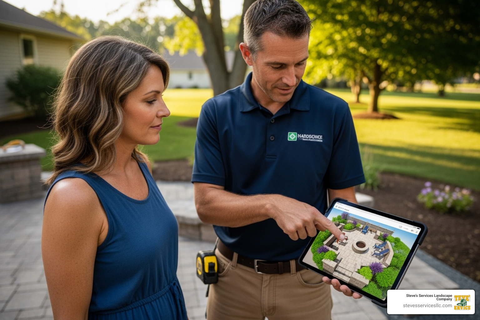 Professional hardscape contractor reviewing patio plans with a homeowner on a tablet, pointing to design elements - Patio Cost Burlington MA