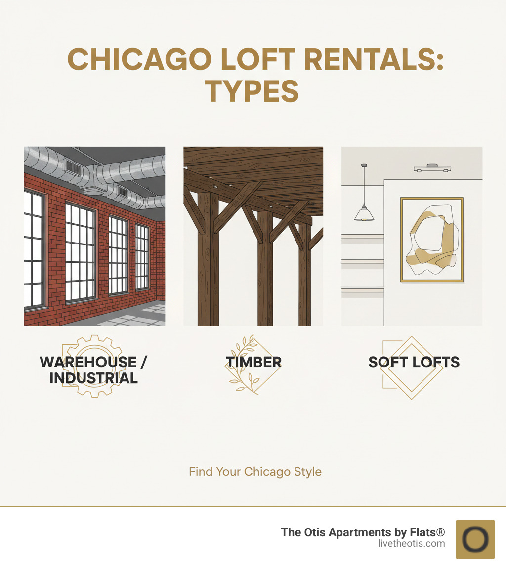 Infographic showing the three types of Chicago loft rentals: Warehouse/Industrial Lofts with exposed brick and ductwork, Timber Lofts with wooden beams and post-and-beam construction, and Soft Lofts with modern finishes and loft-inspired design features - chicago loft rental infographic 