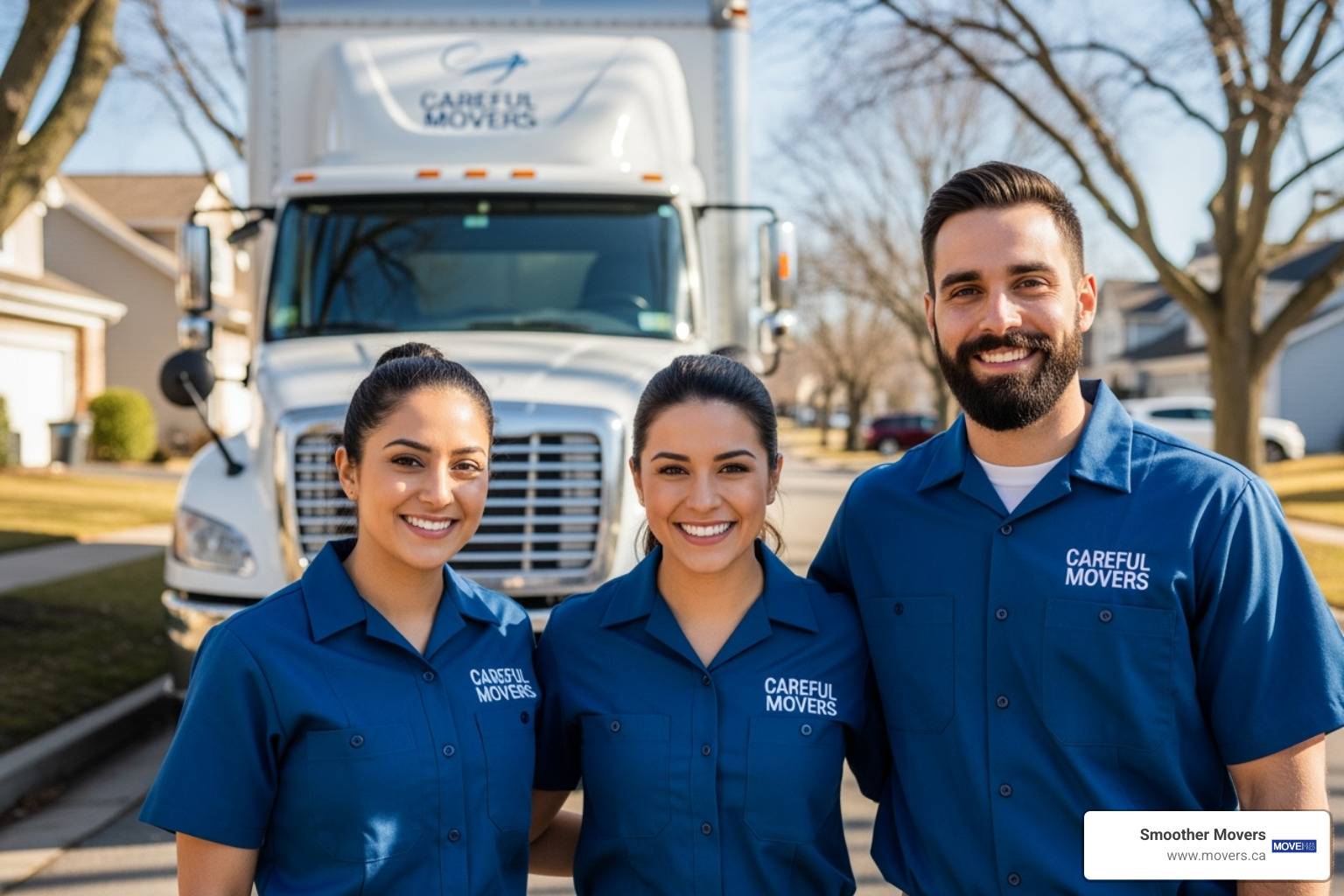 friendly moving crew in uniform standing by their truck - long distance movers burnaby to victoria