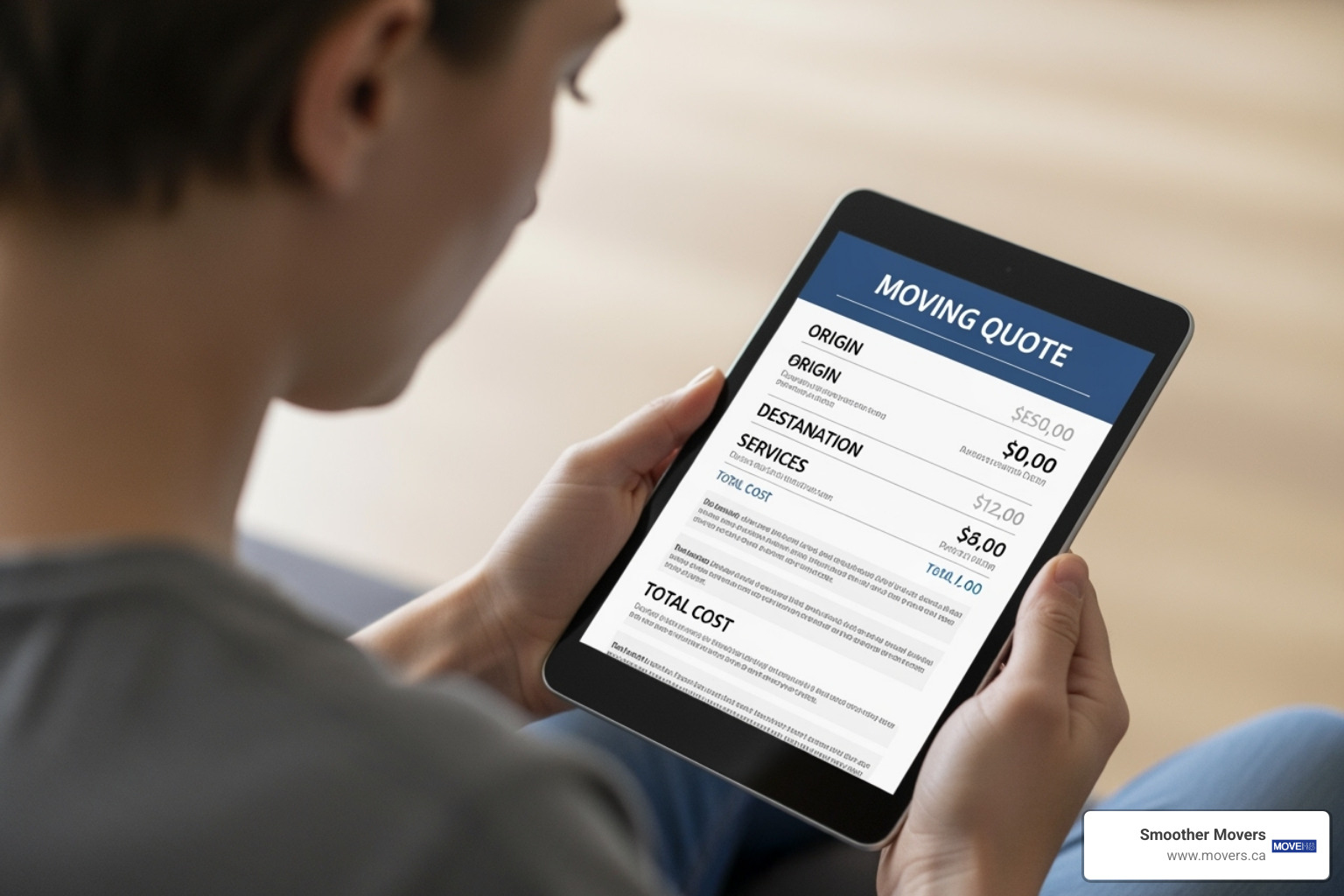 person reviewing a moving quote on a tablet - long distance movers burnaby to victoria